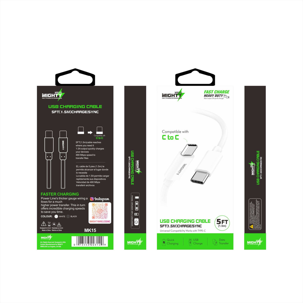 Mighty Fast Charging 5FT Type-C to Type-C Cable White MK15