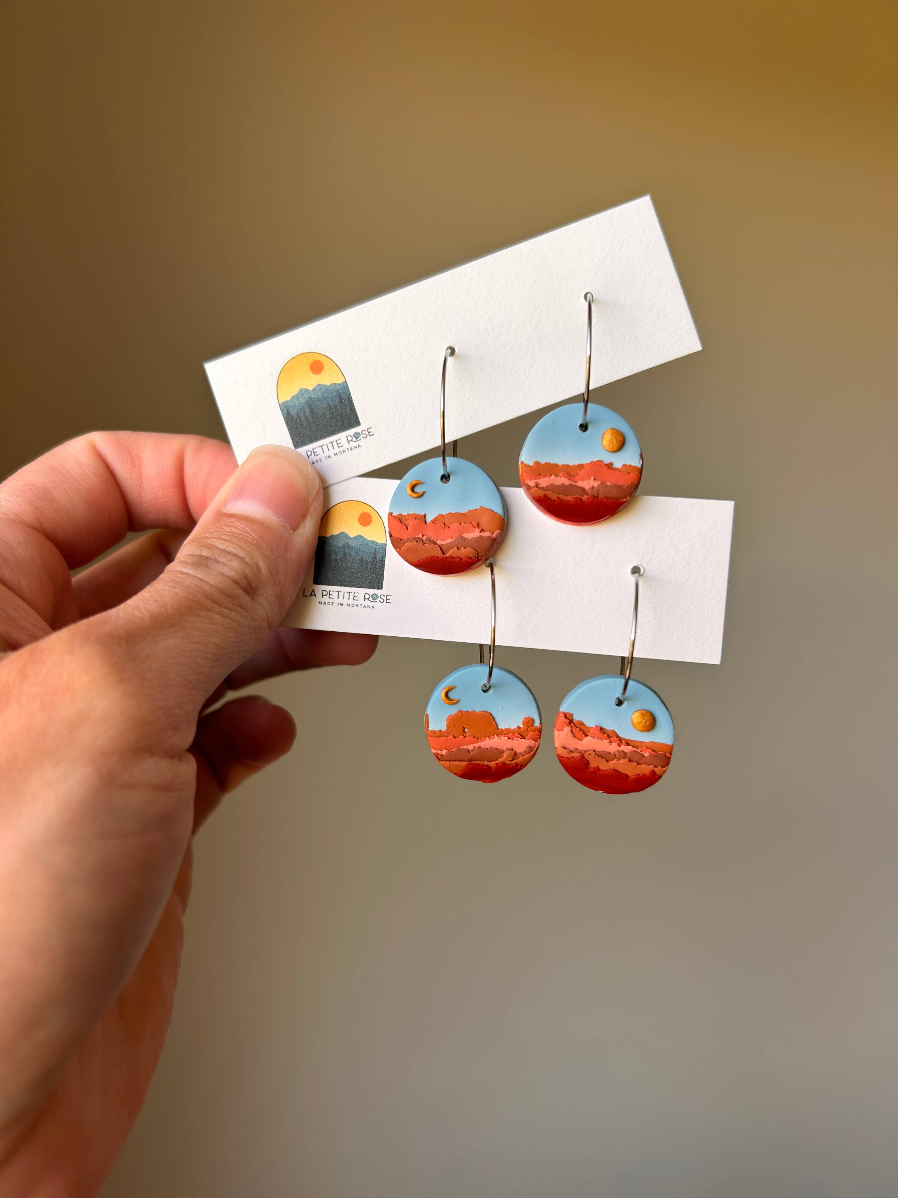 Big Sky Montana Landscape Clay Earrings, Sun Moon Hoops