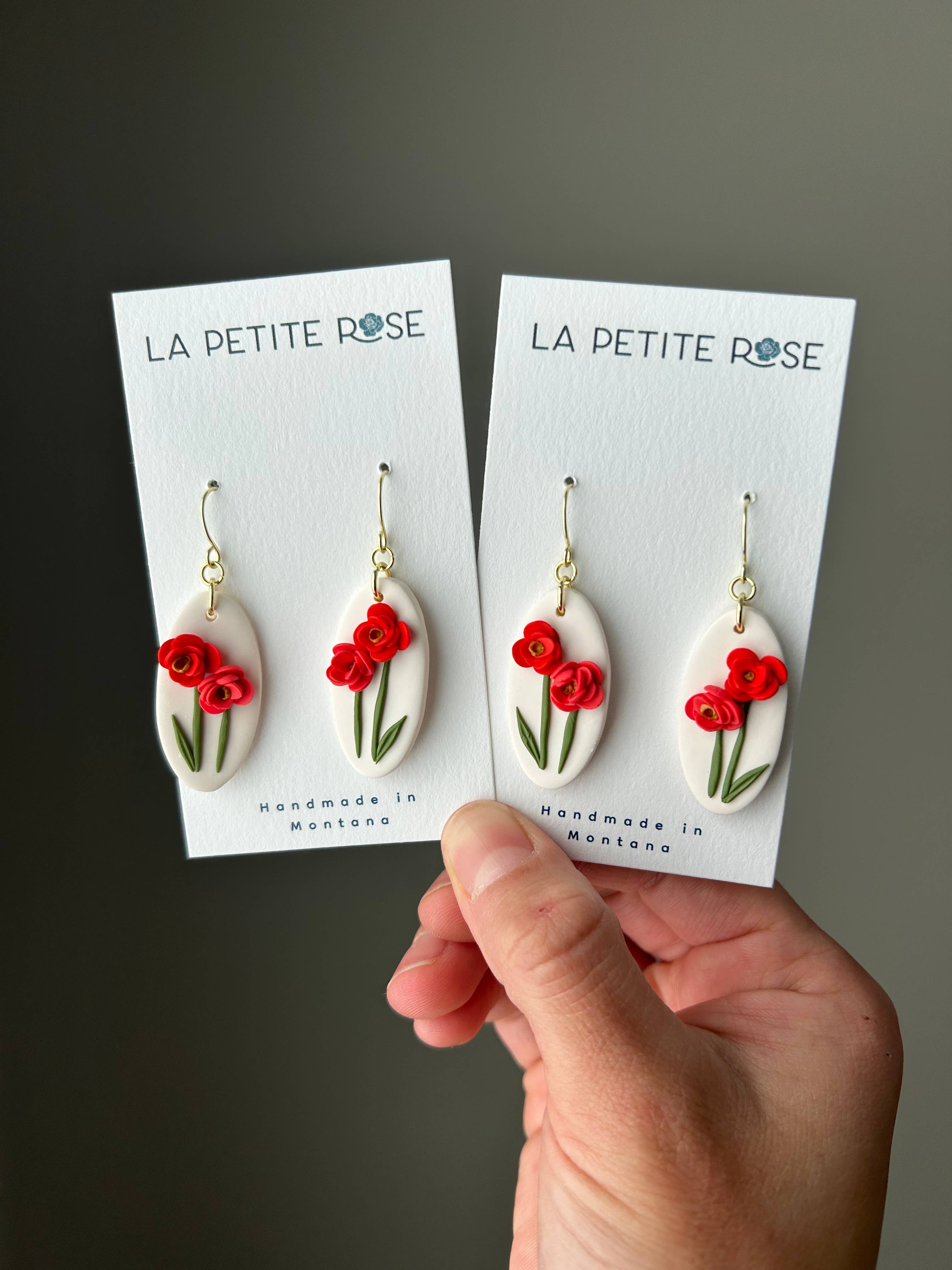 Red & Pink Flower Earrings, Floral Dangles, Montana Made