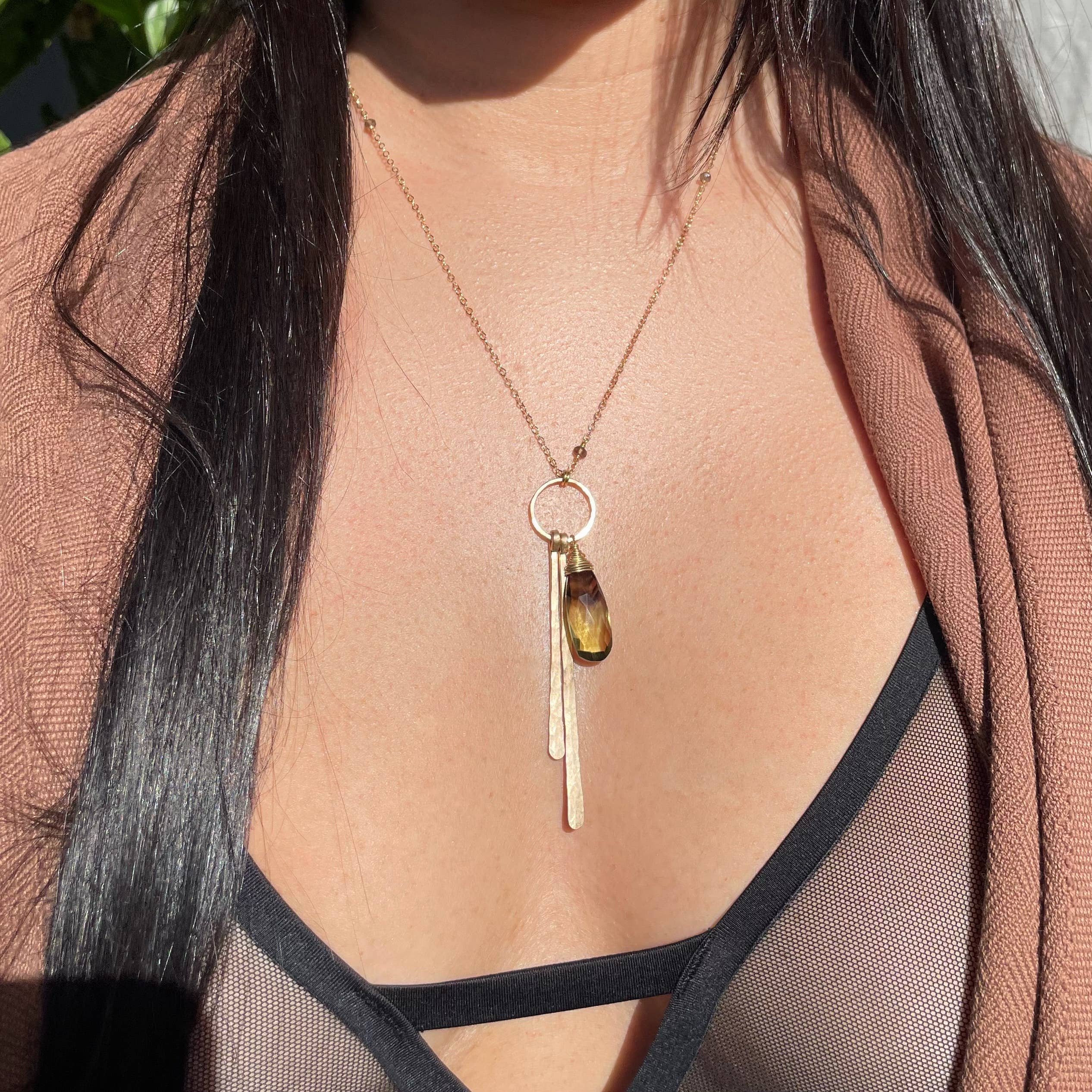 Bi-Color Lemon Quartz Stick Necklace: Sterling Silver