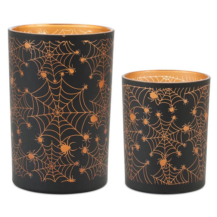 Black Glass Candle Holder with Orange Spider Web - Set/2