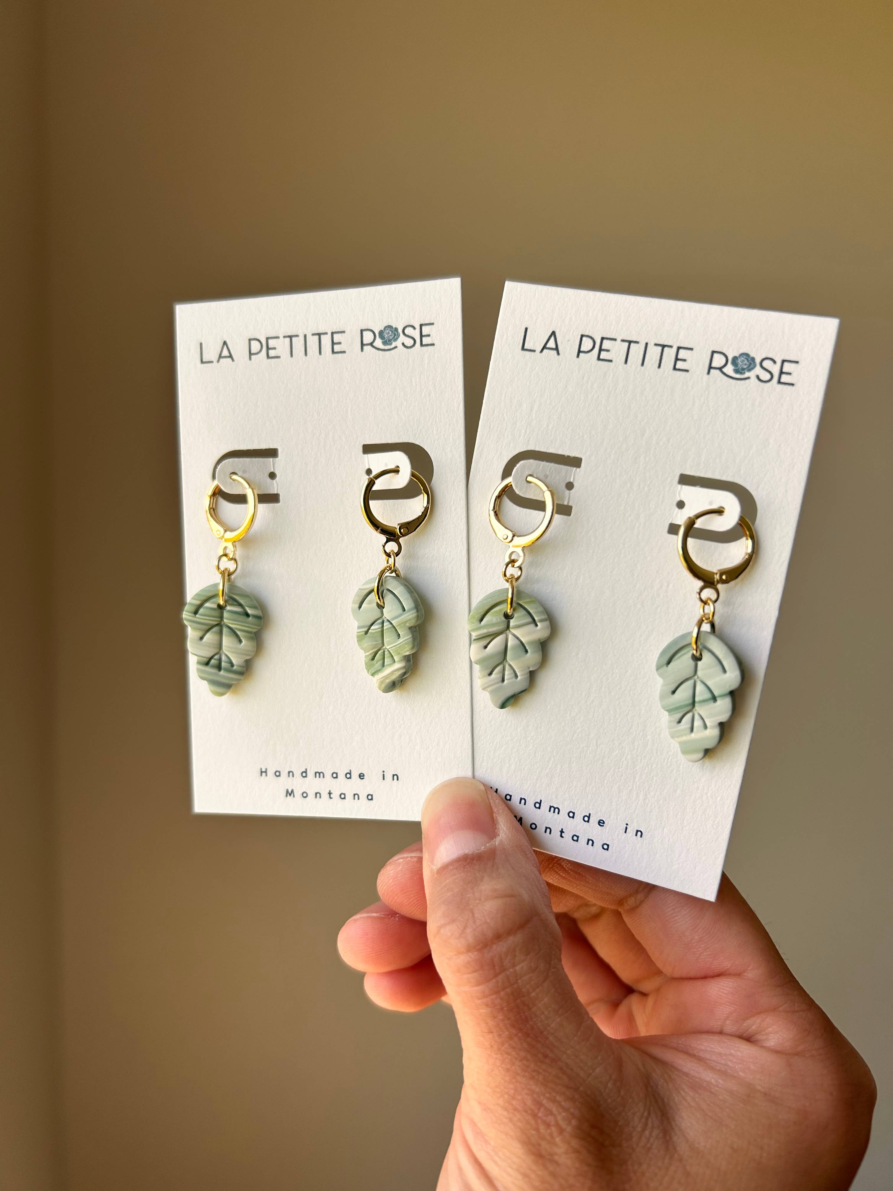 Small Green Leaf Earrings, Plant Huggie Hoop Dangles