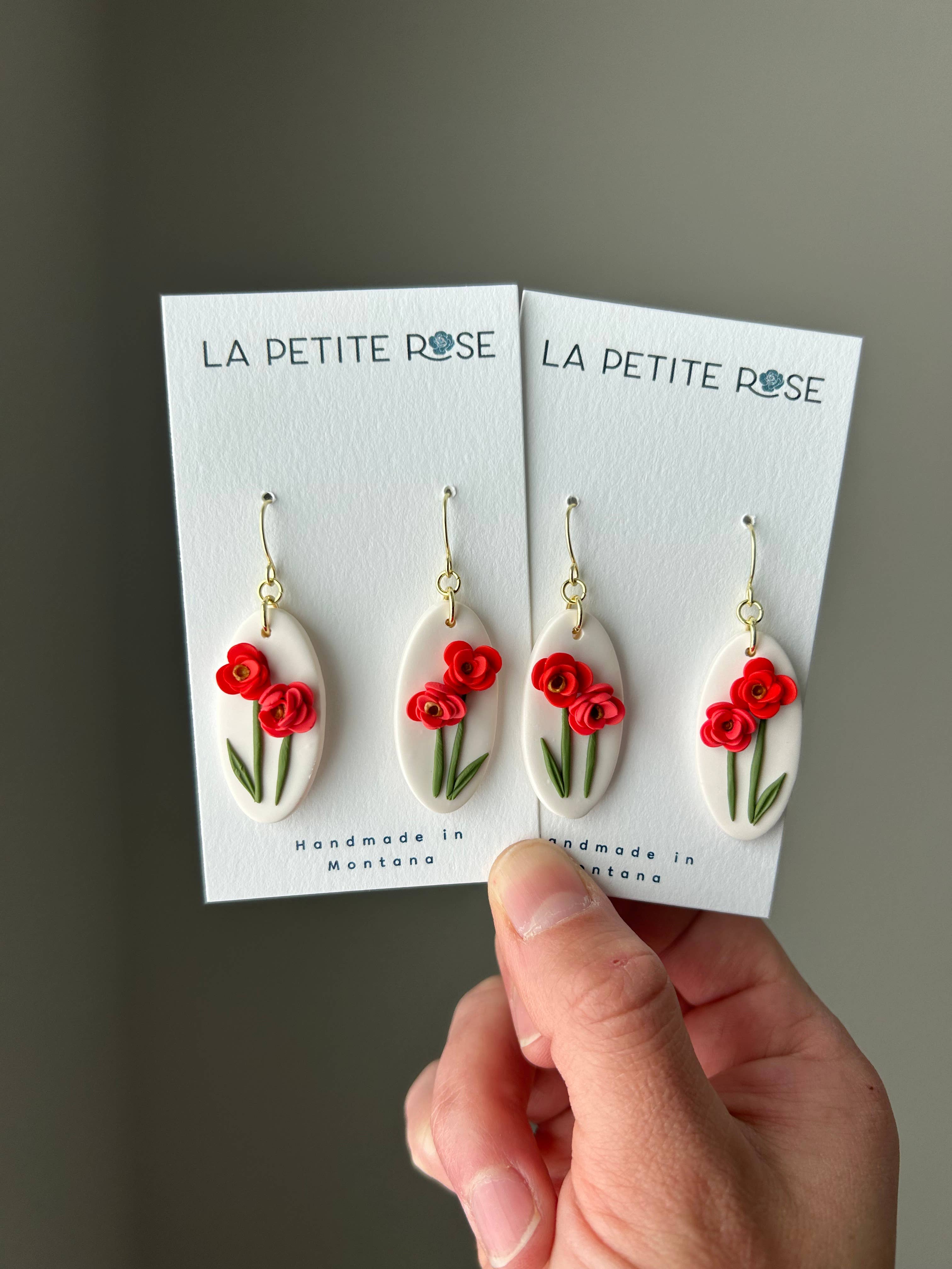 Red & Pink Flower Earrings, Floral Dangles, Montana Made