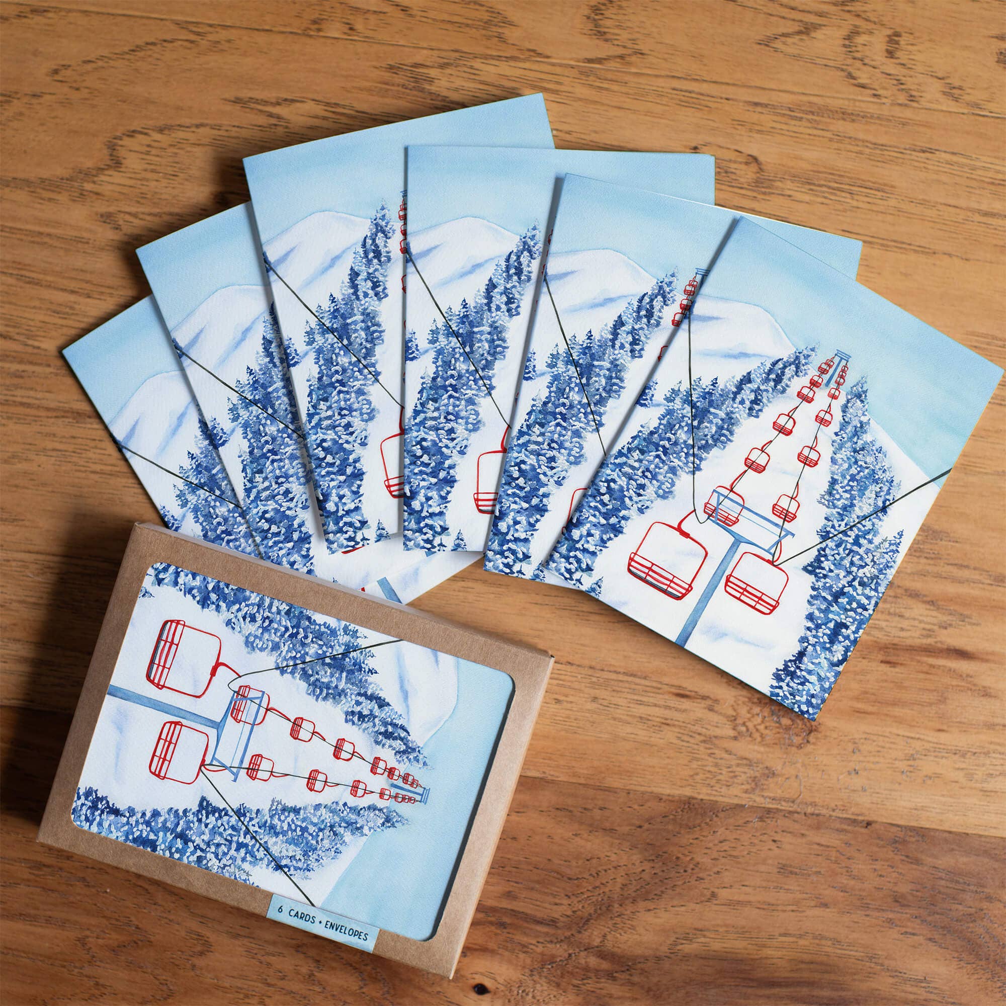 Skiing Holiday Card | Red Chair Ski Lift Christmas Card: Single Card