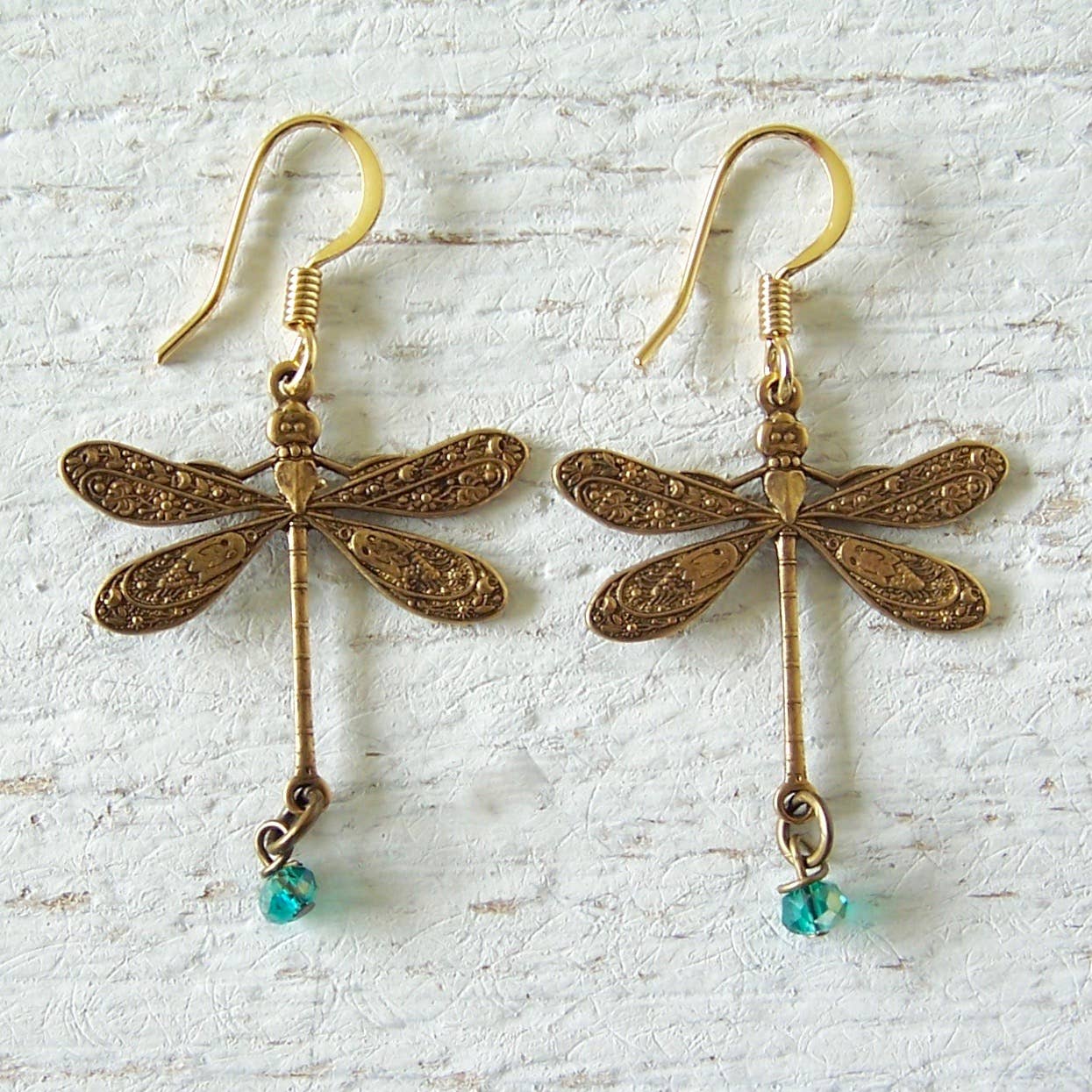 Lucky Dragonfly Brass Earrings: Large Patina