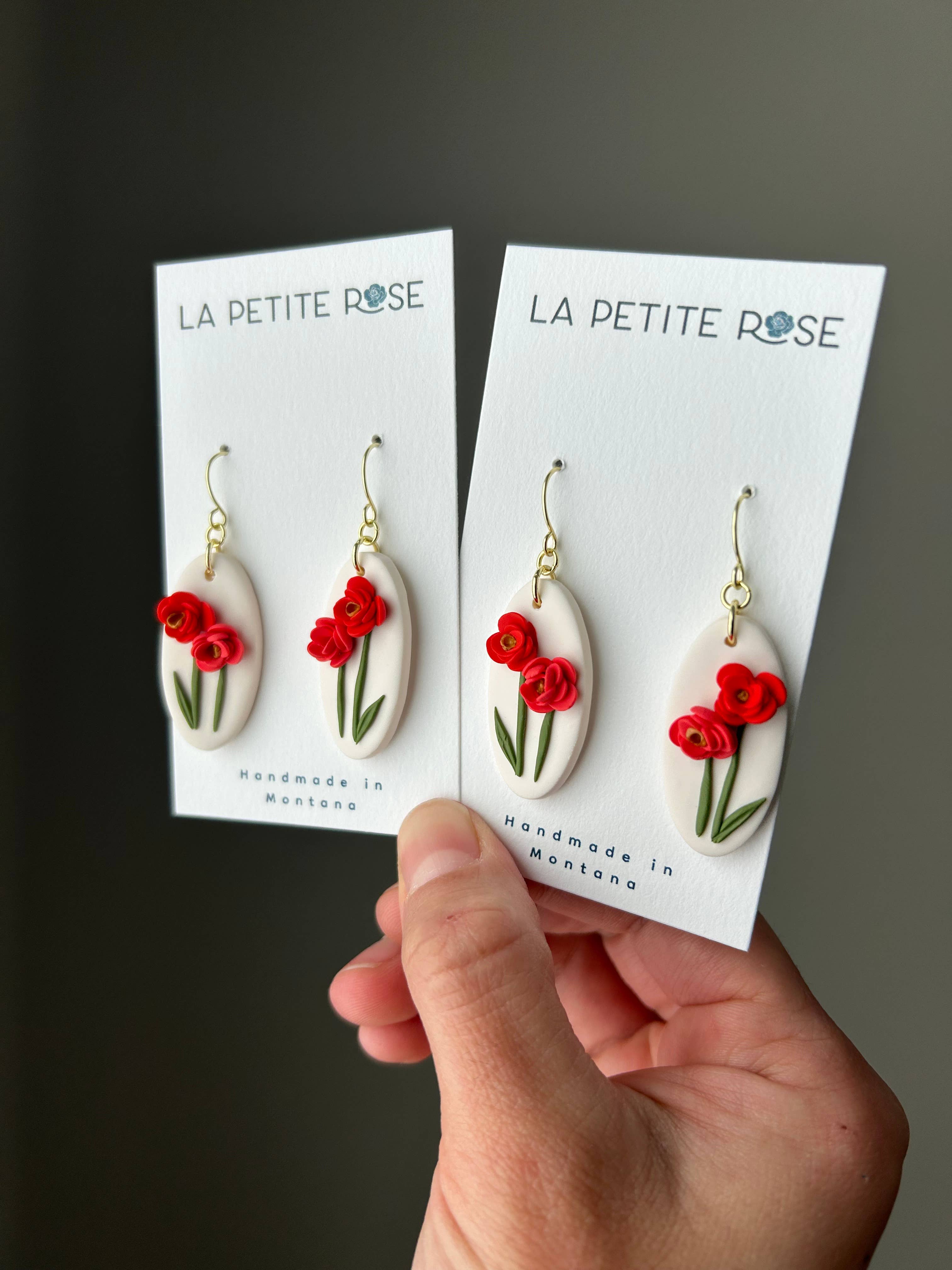 Red & Pink Flower Earrings, Floral Dangles, Montana Made