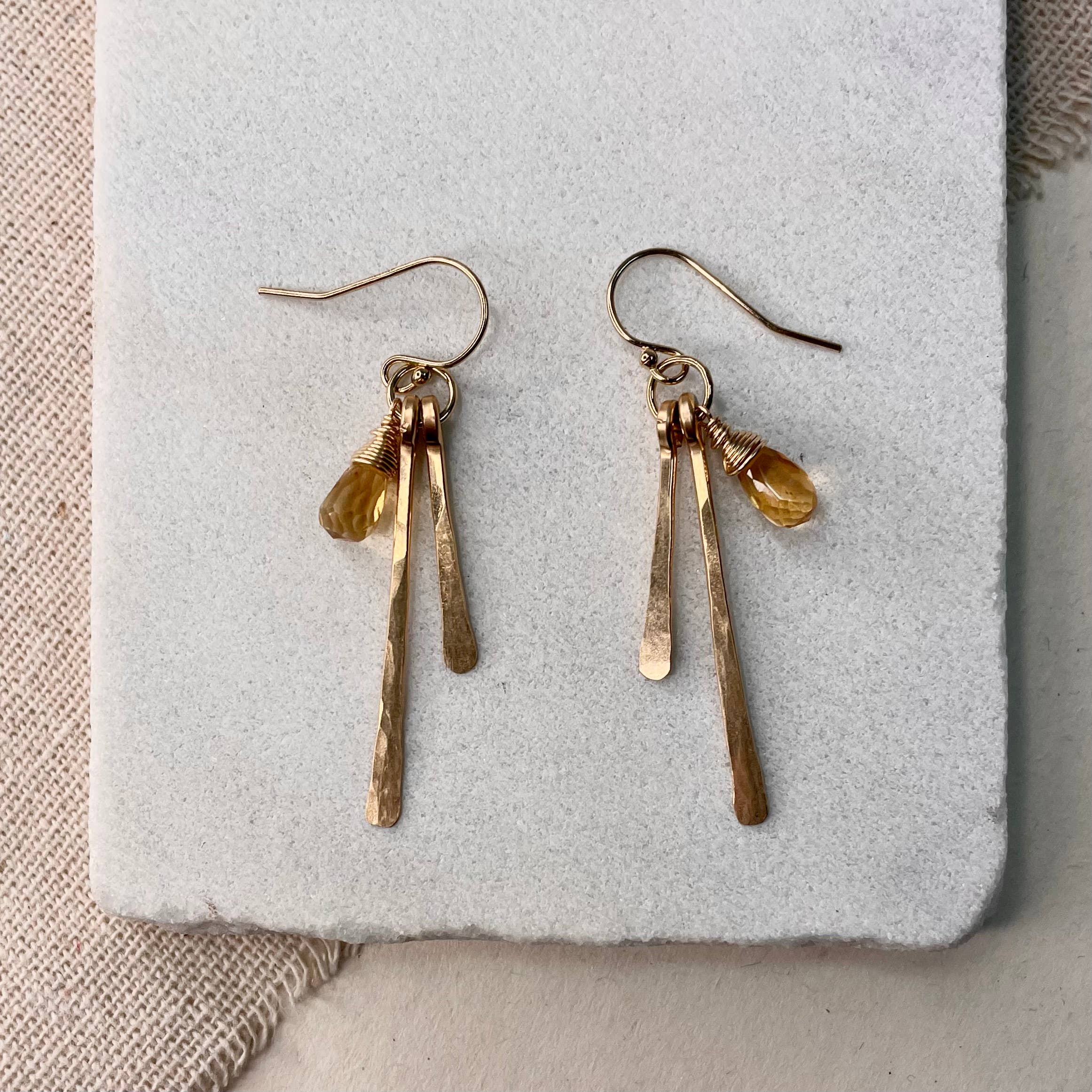 Hammered Fringe and Stone Earrings: Gold Filled / Citrine