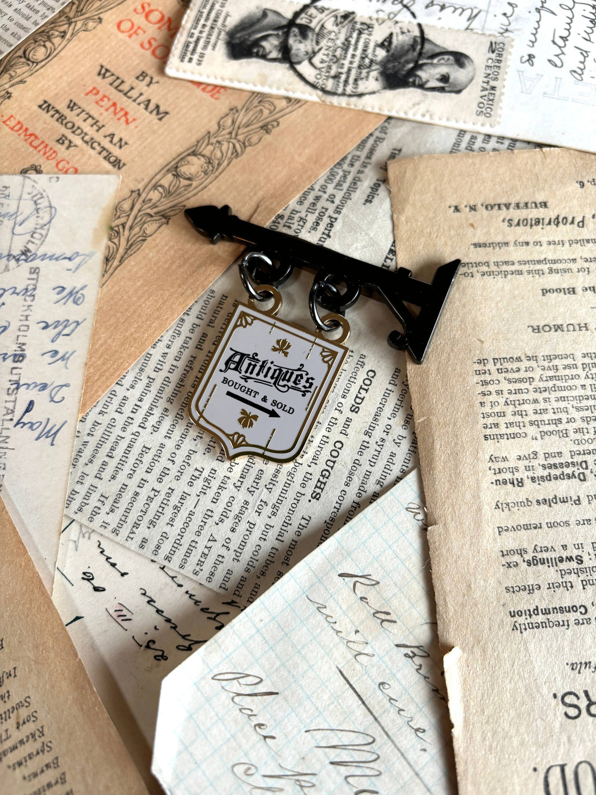 Antique shop sign enamel pin