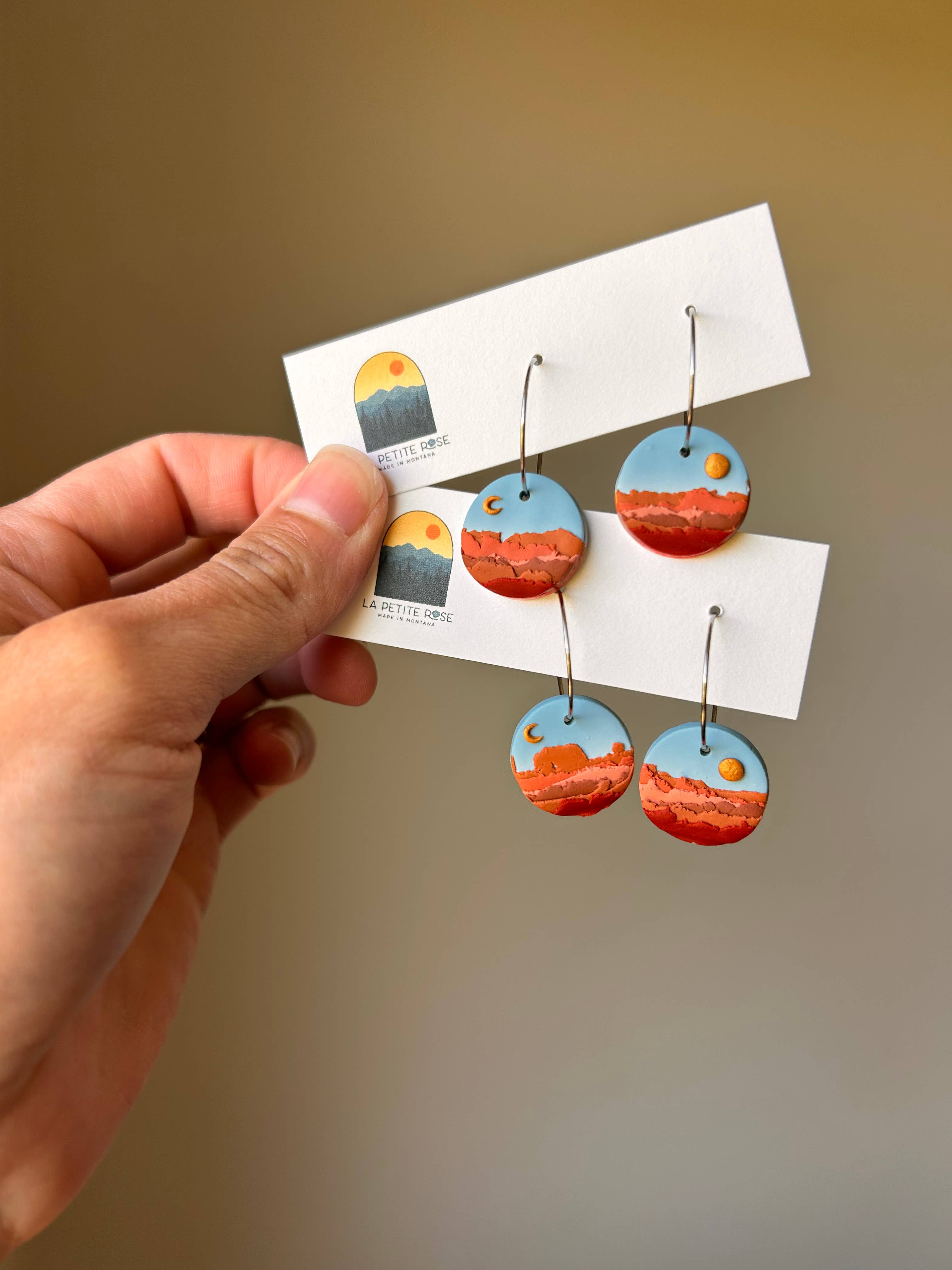 Big Sky Montana Landscape Clay Earrings, Sun Moon Hoops