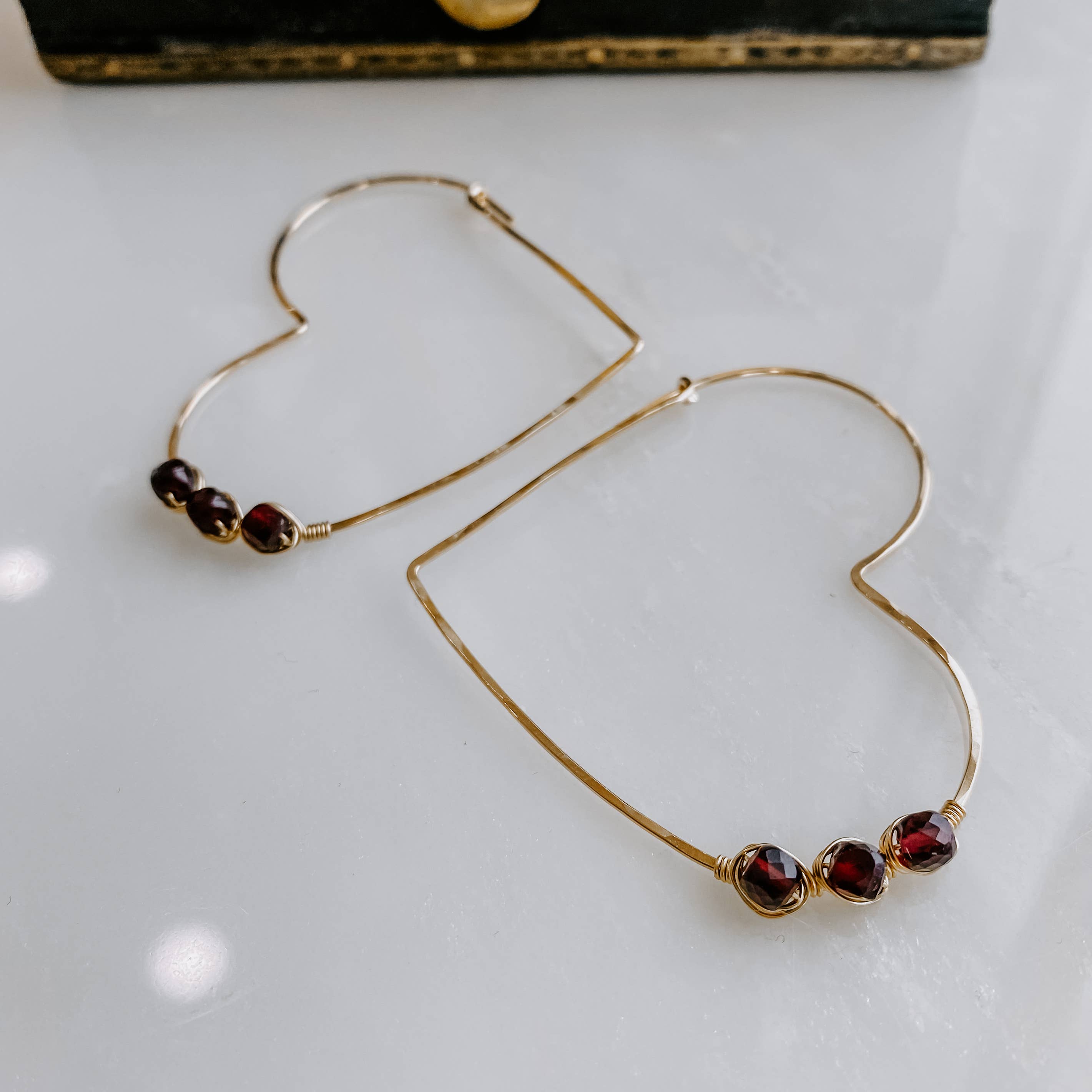Large Heart Shaped Threaders with Garnets: 14k Gold Fill