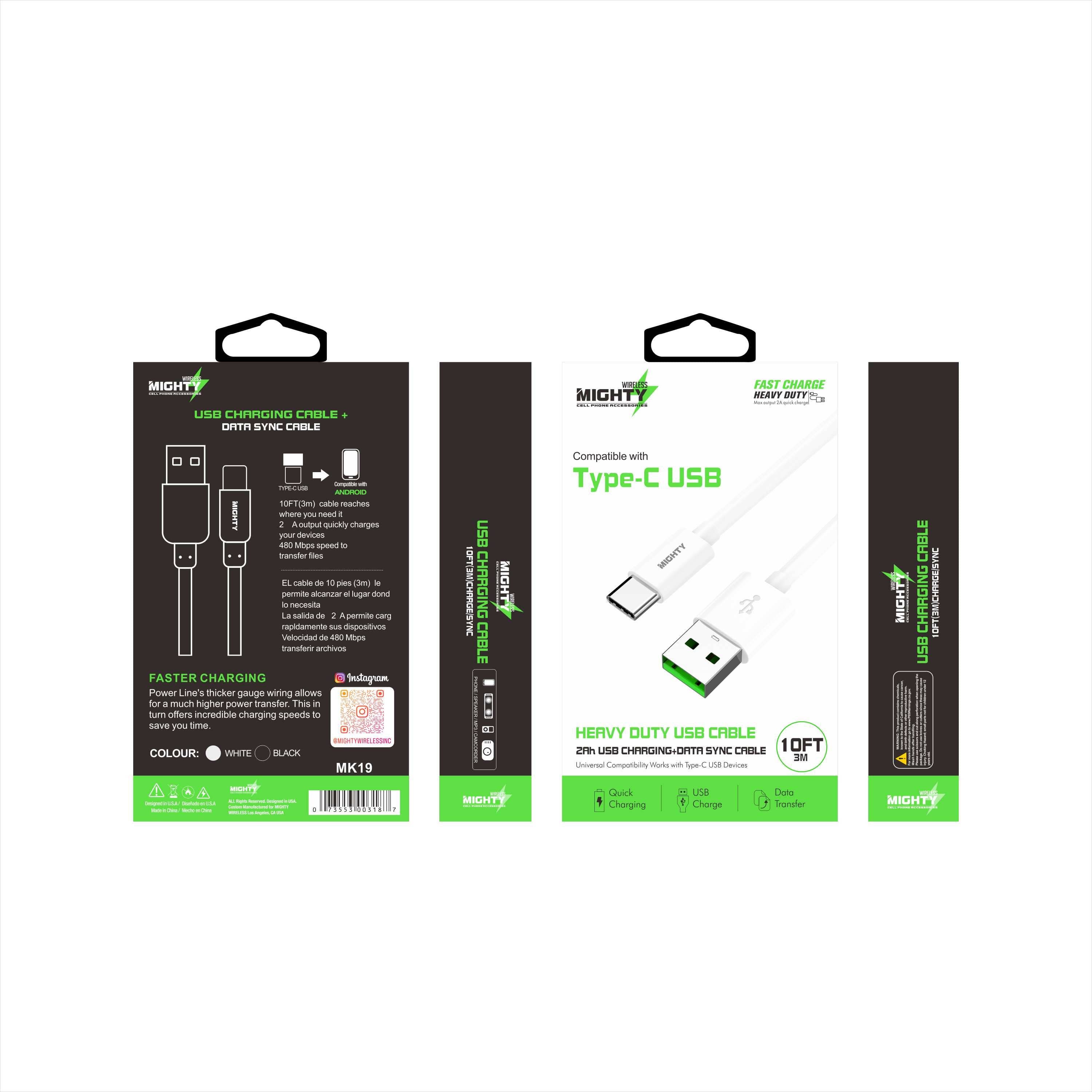 Mighty Fast Charging 10FT Type-C Cable White MK19