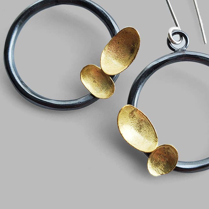 Modern Aerie Earrings in oxidized silver and 18k gold