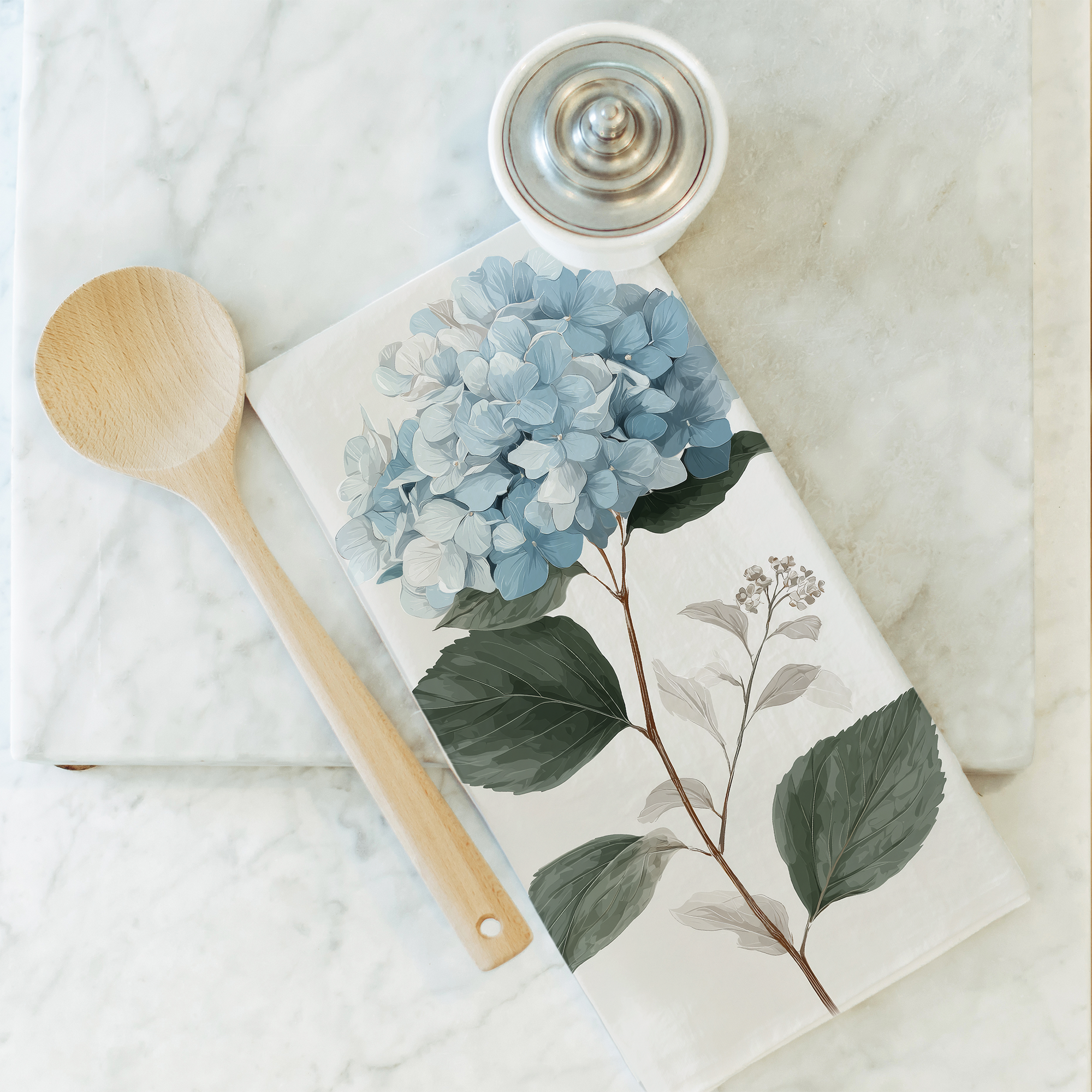 Blue Hydragea Tea Towel: White