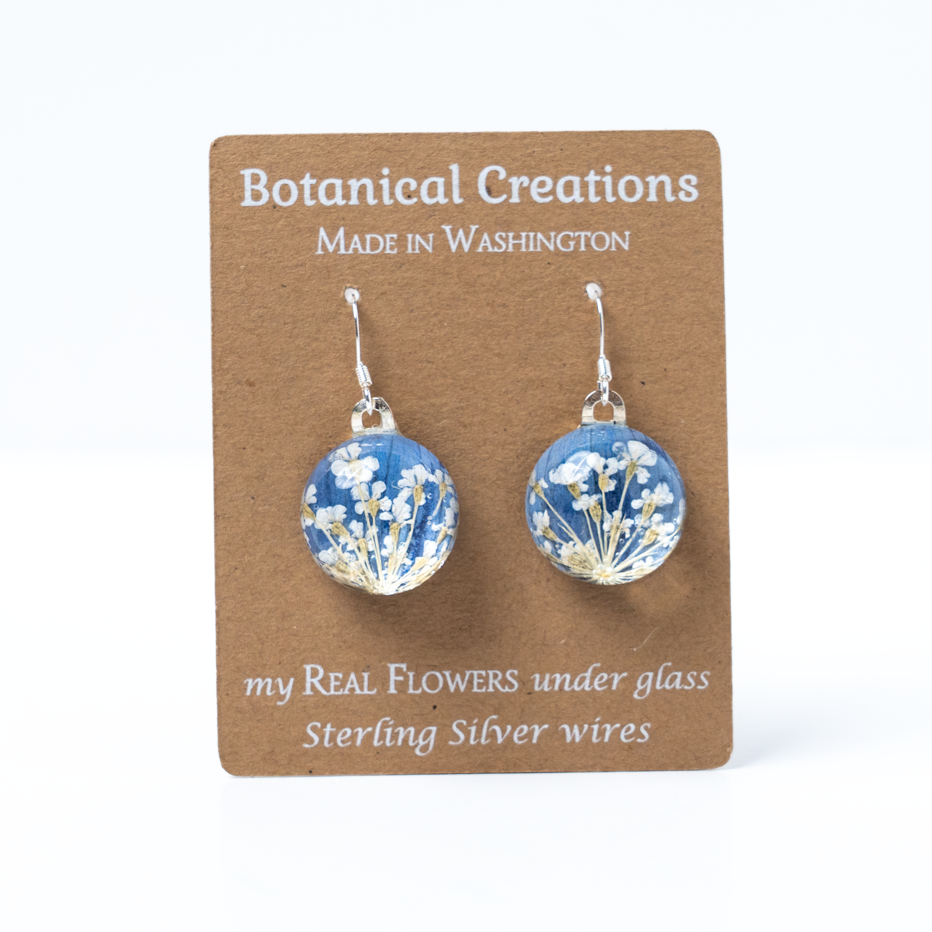 Delphinium + Queen Anne's Lace Round Dangle Earrings by Botanical Creations