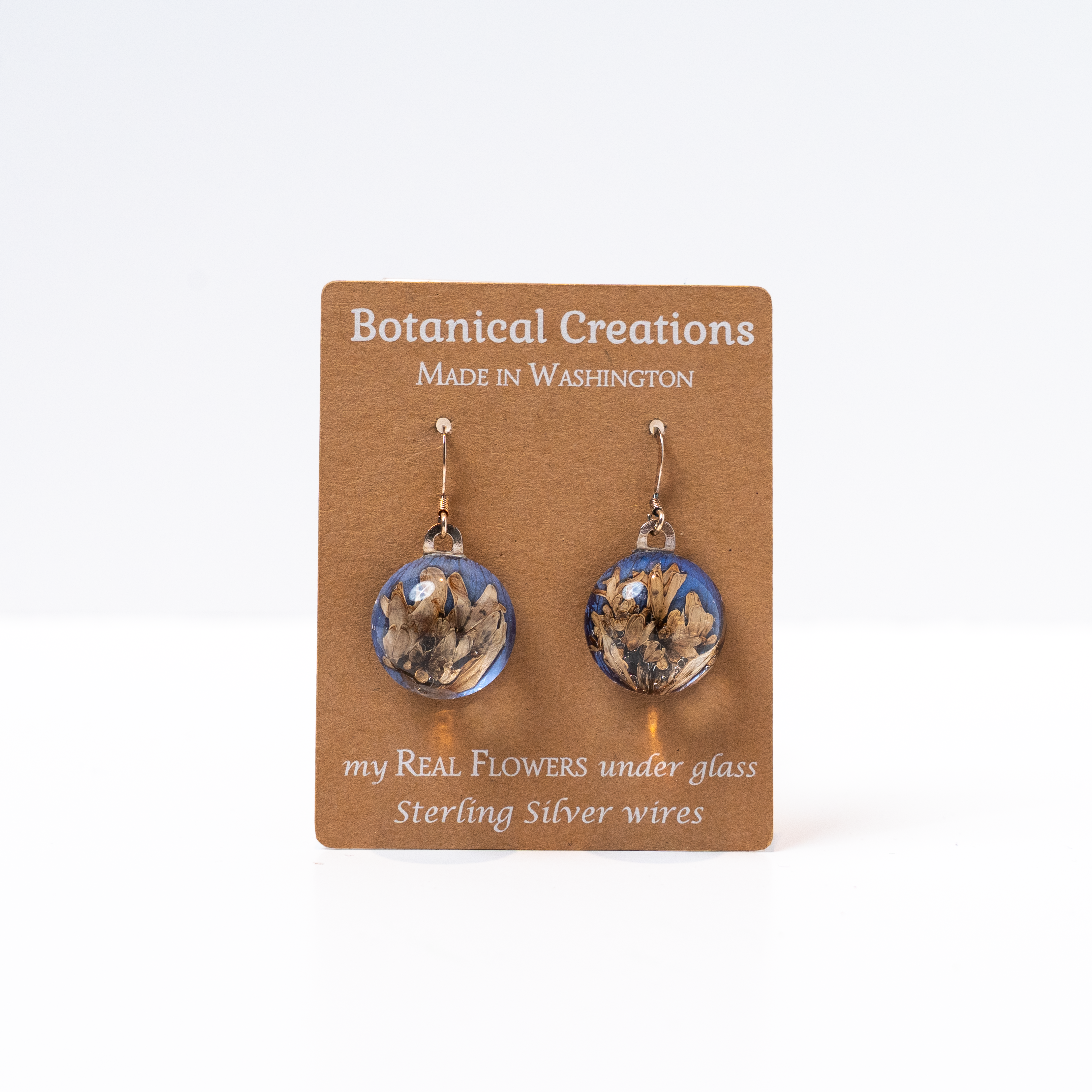 Delphinium + Sweet Woodruff Round Dangle Earrings by Botanical Creations