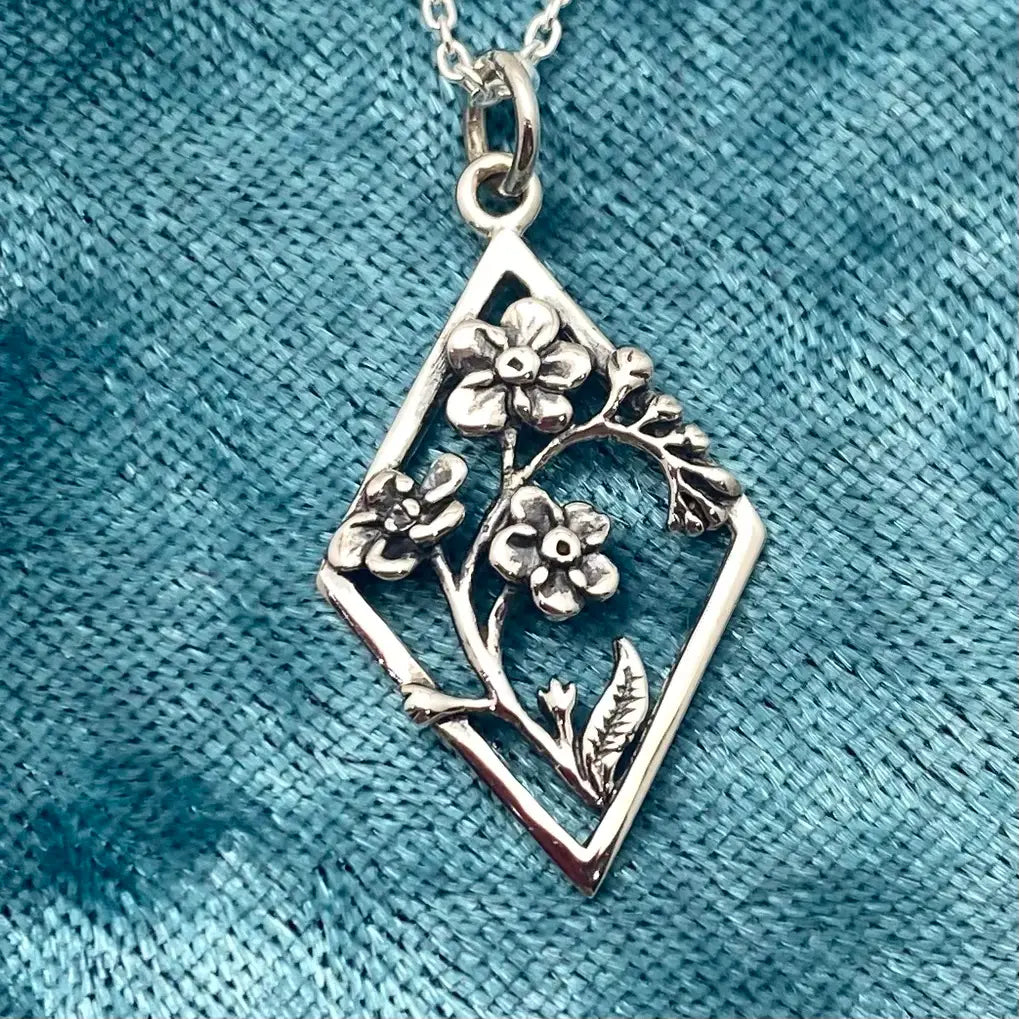 Silver Forget Me Not Flower Charm Diamond Necklace | Sterling Silver