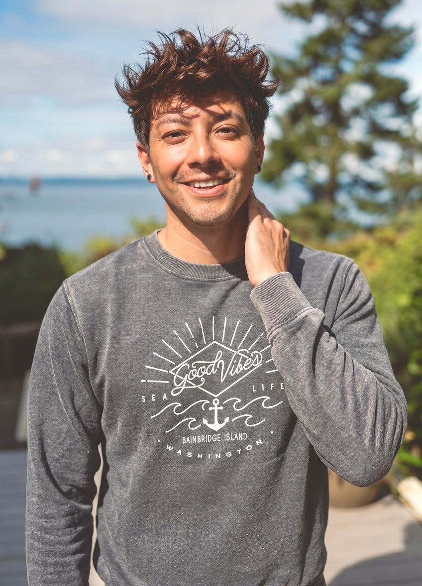 Good Vibes Sea Life Fleece Sweatshirt Crew Charcoal