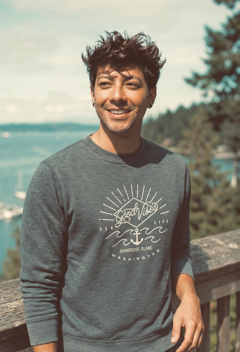 Good Vibes Sea Life Fleece Sweatshirt Crew Charcoal