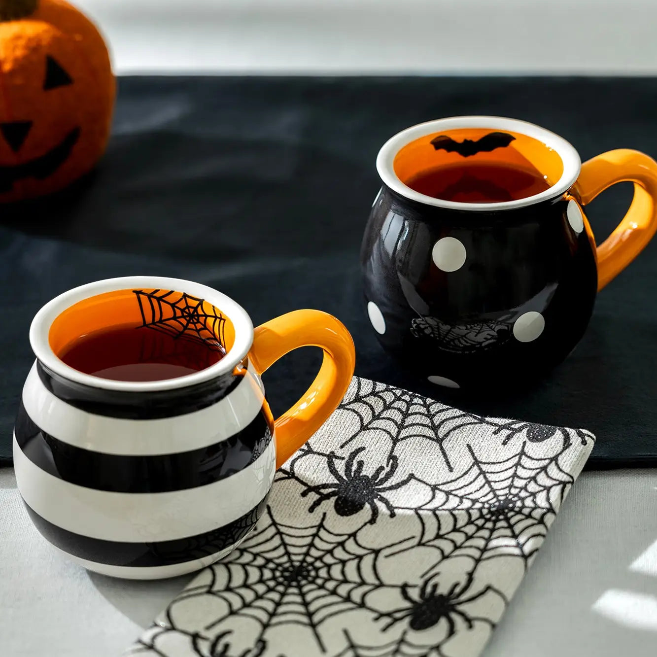 Halloween Bat Dots and Spider Web Stripes 12oz Mugs Set of 2