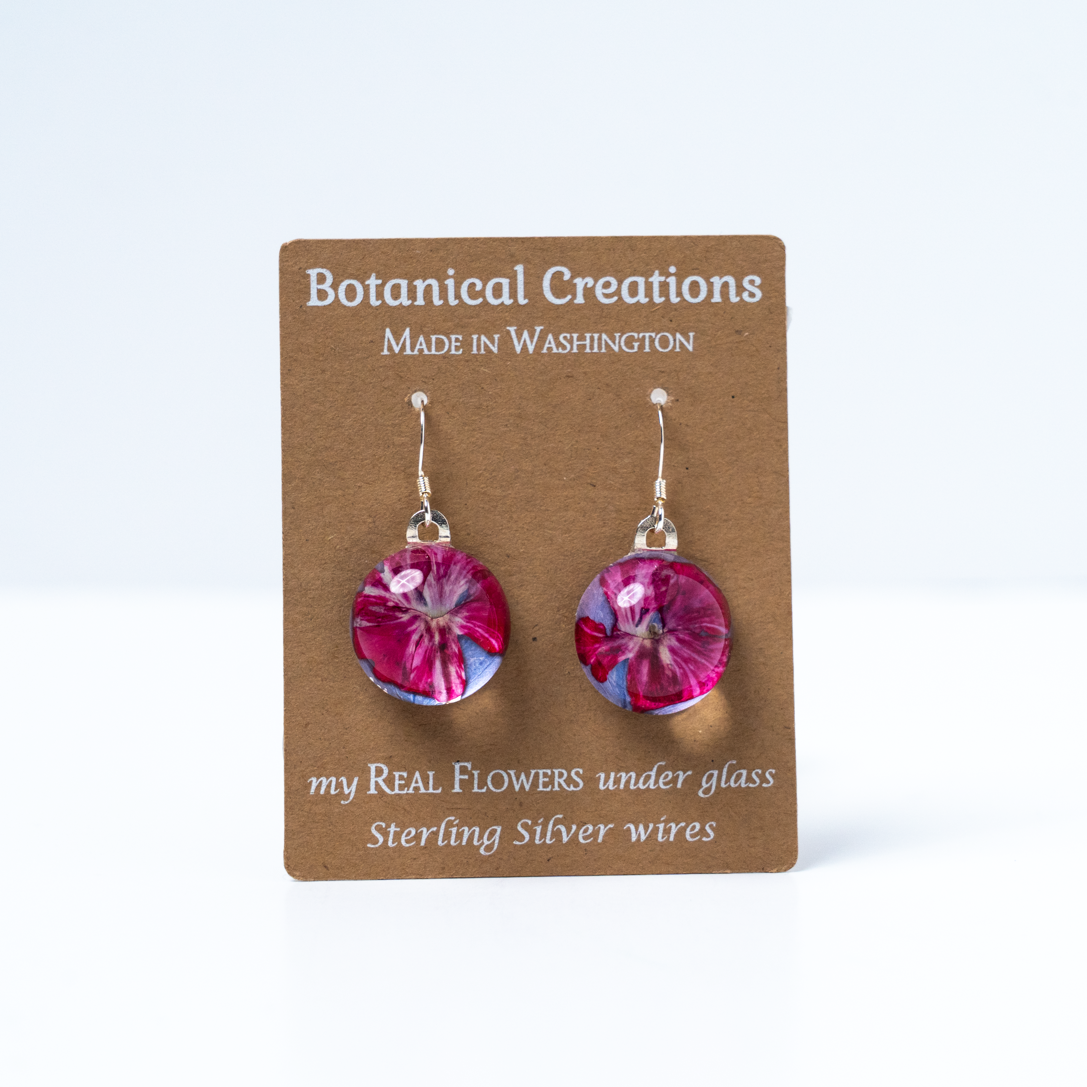 Hydrangea + Summer Verbena Blue/Purple Round Dangle Earrings by Botanical Creations