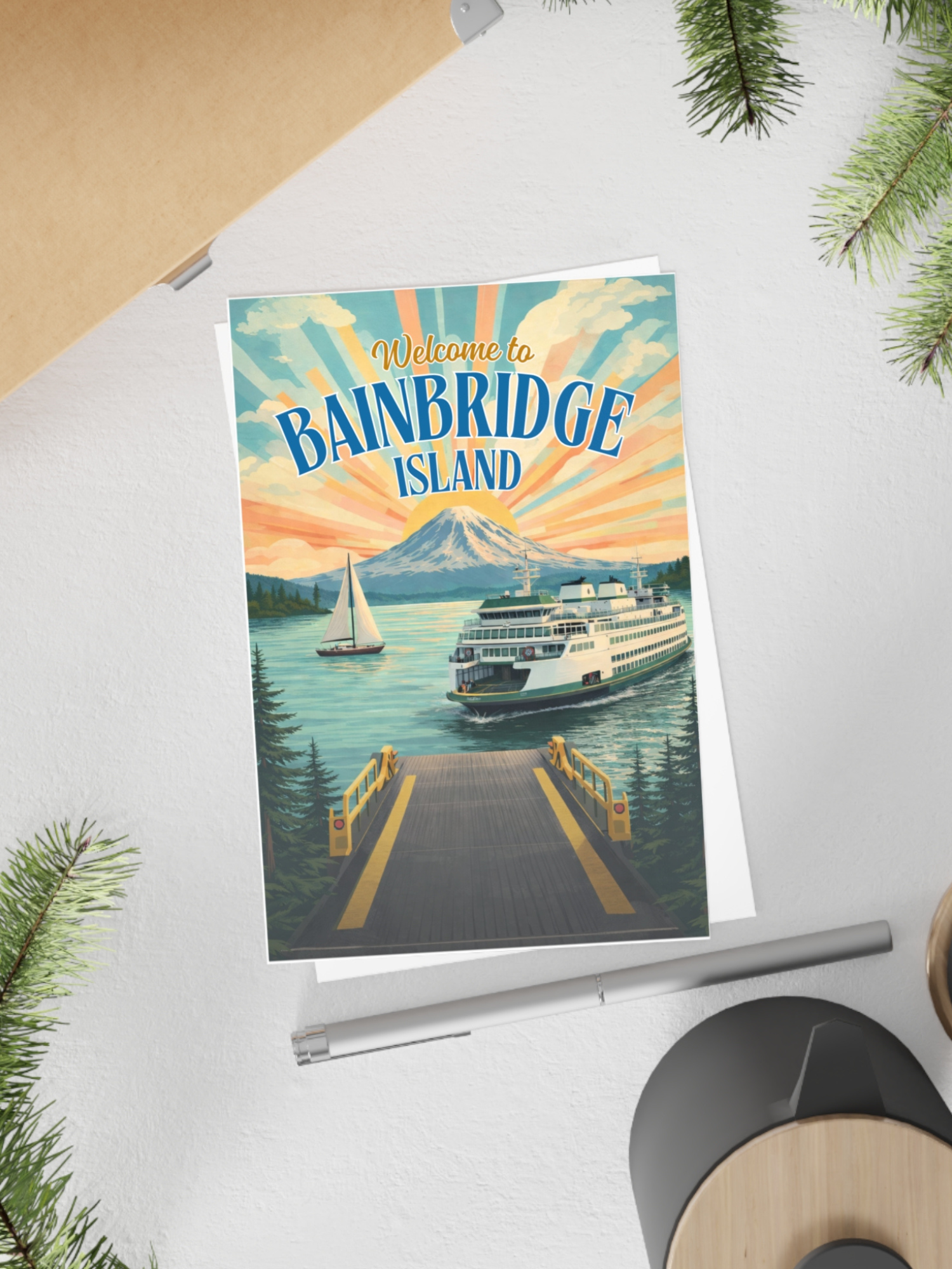 Vintage Bainbridge Ferry & Sailboat Postcard