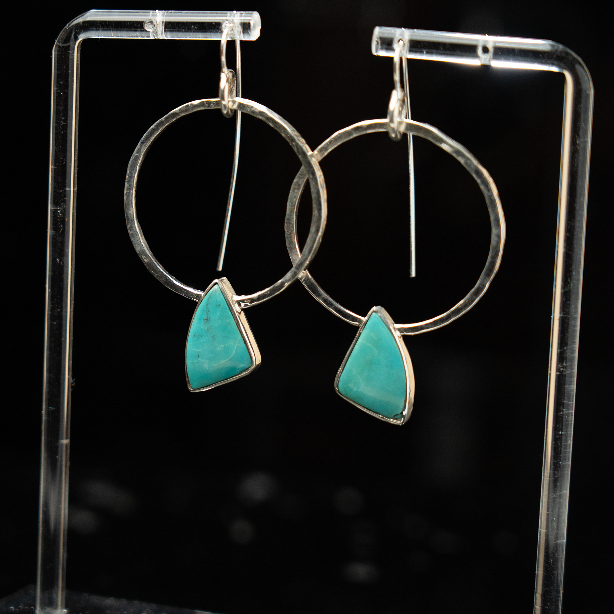 Pear Shape Turquoise Earrings Hammered Finish Bronze Accent