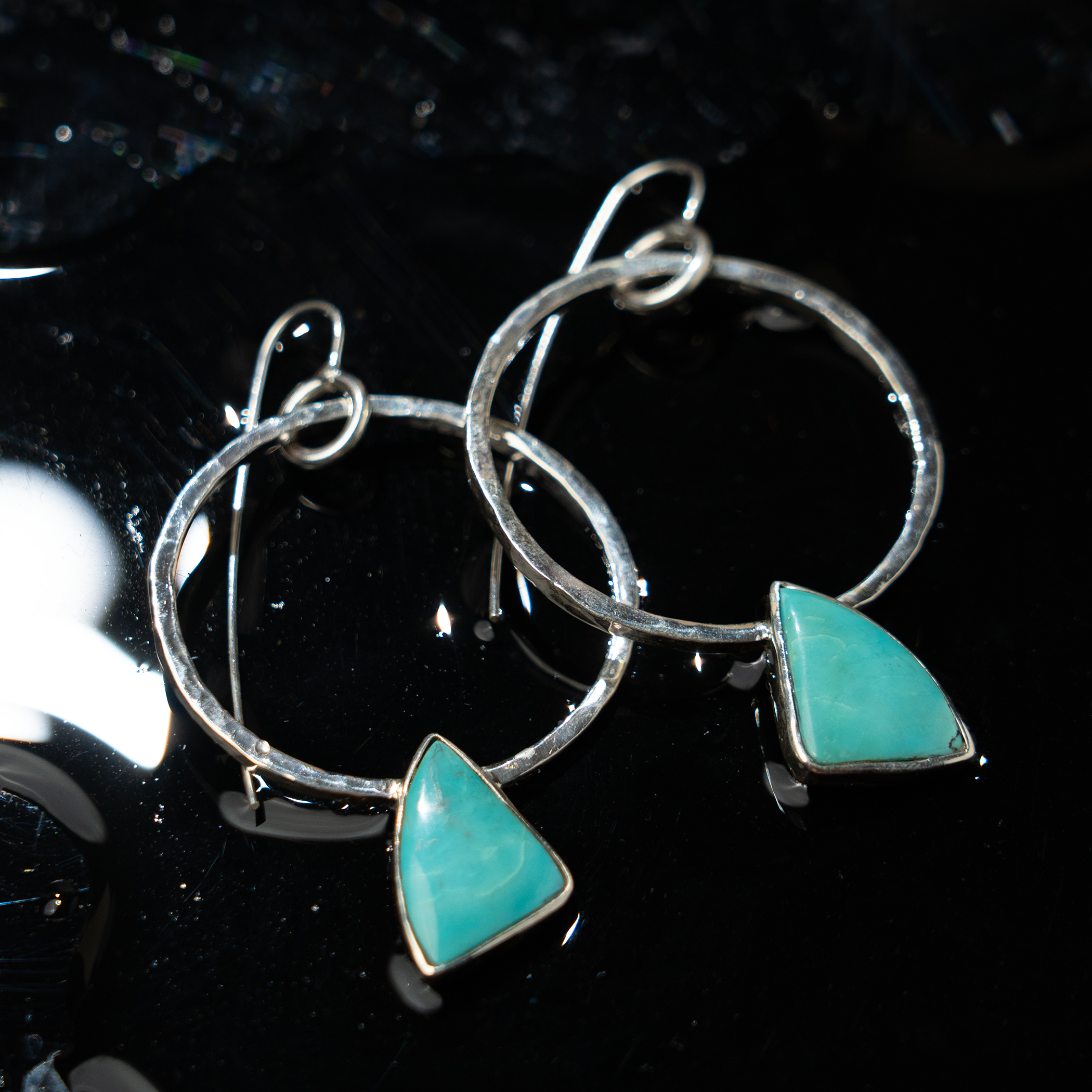 Pear Shape Turquoise Earrings Hammered Finish Bronze Accent