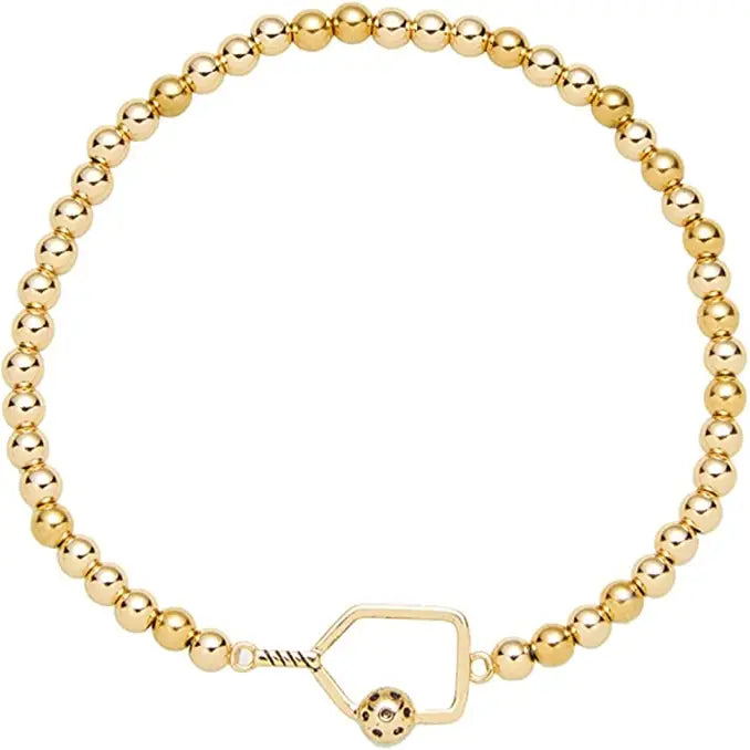 Pickleball Beaded Stretch Bracelet -Gold