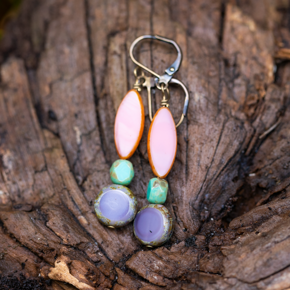 Pink Spindle Lavender Coin Earrings