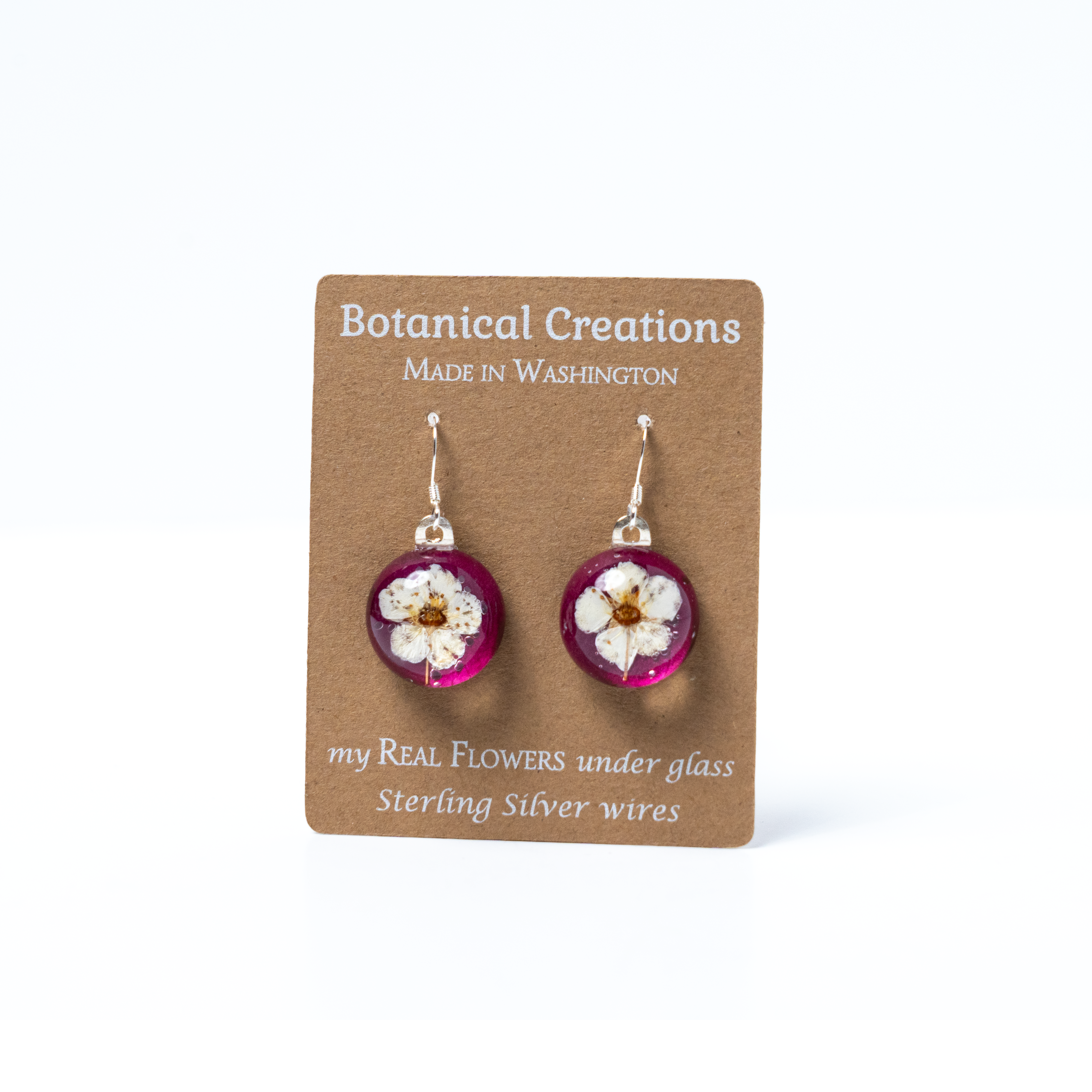 Magenta Rose Petal + Spirea Dangle Earrings by Botanical Creations