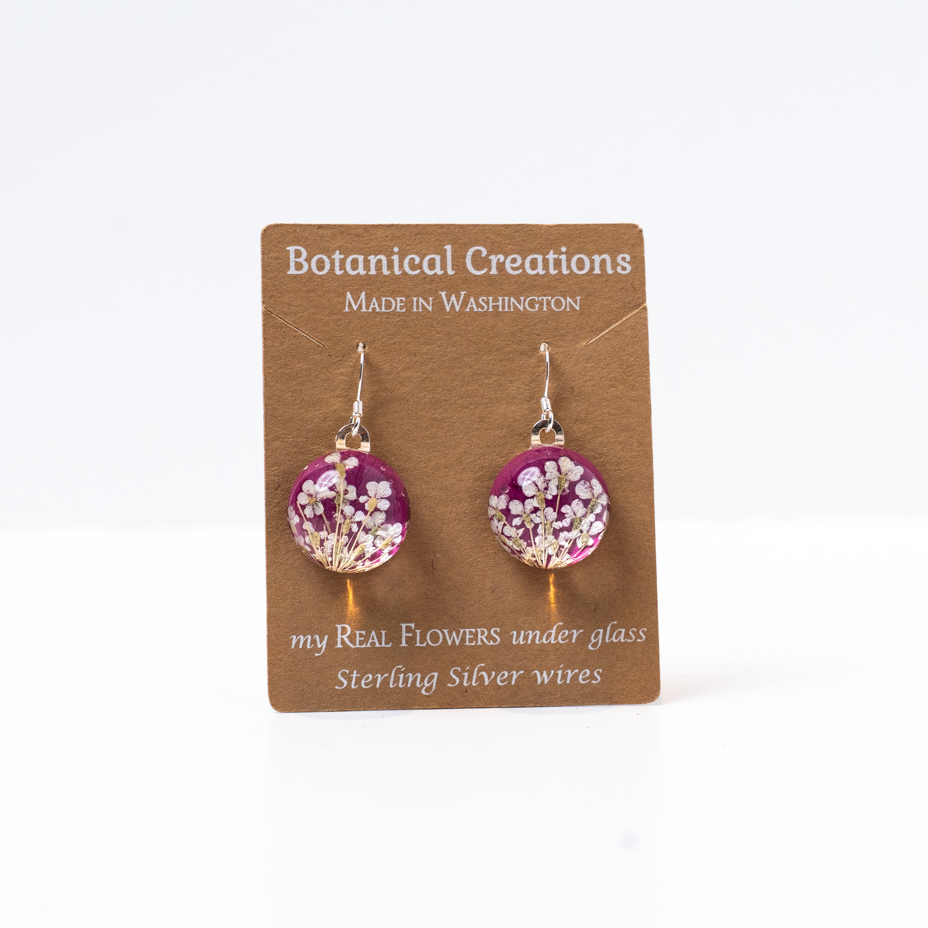 Rose Petal + Queen Anne's Lace Round Dangle Earrings by Botanical Creations