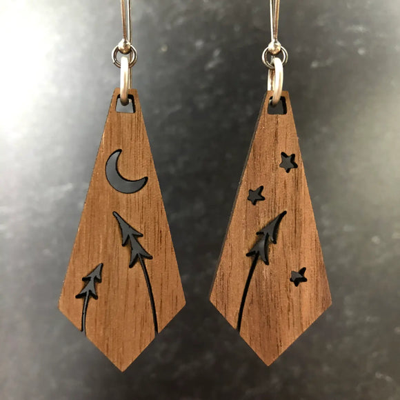 Starry Night Open Pines wood rhombus earrings