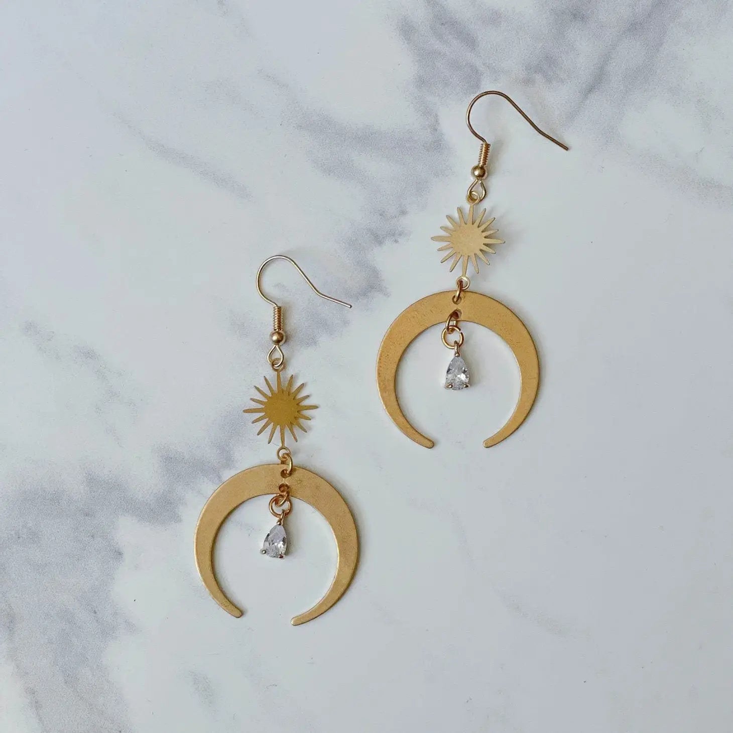 Sun and Moon Raw Brass Earrings