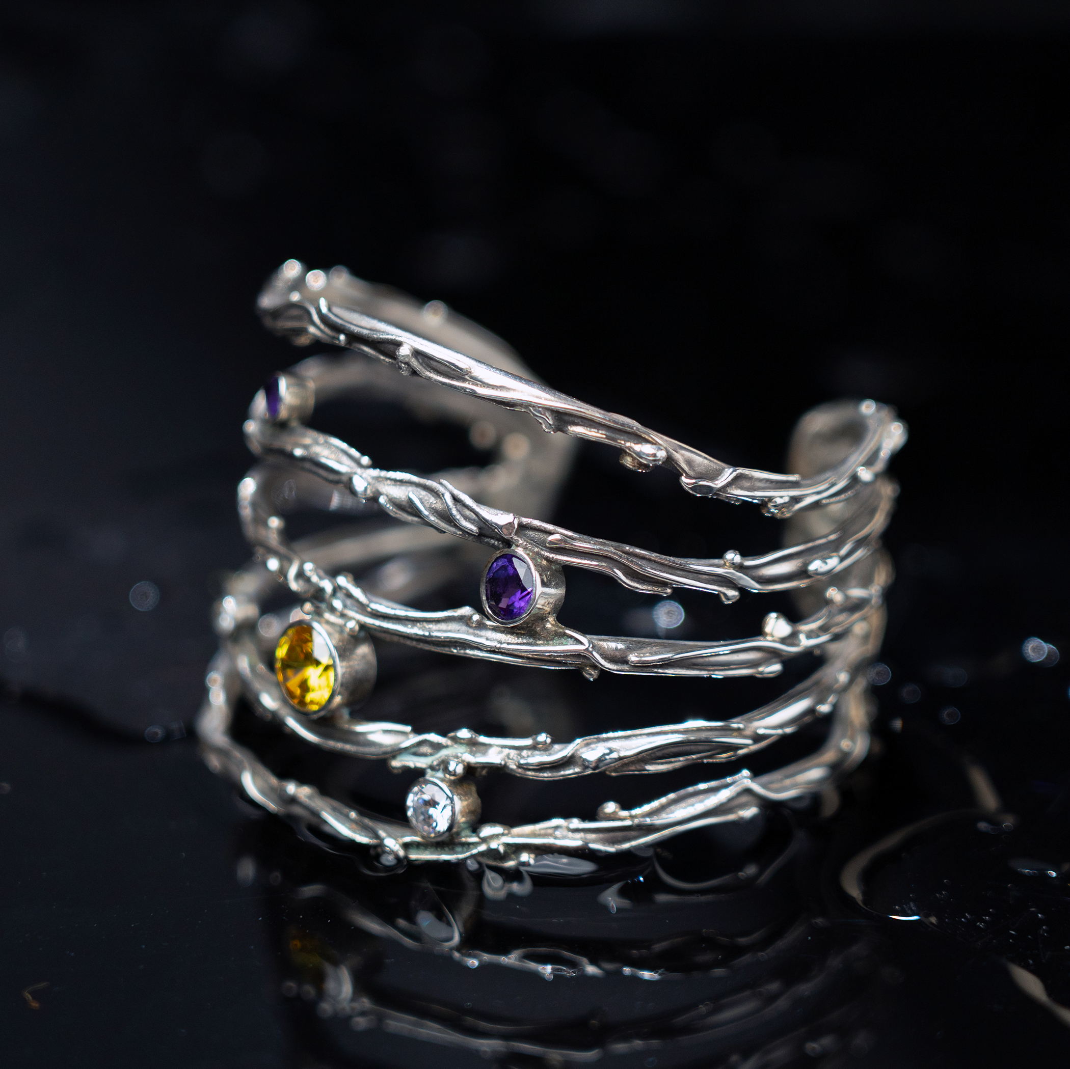 Twig Cuff with 5 Stones Fused purple clear yellow