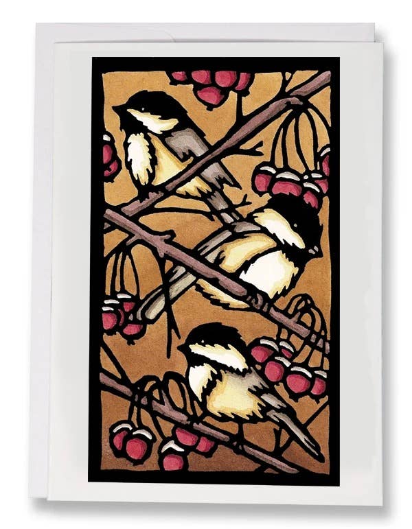 Greeting Card Three Chickadees