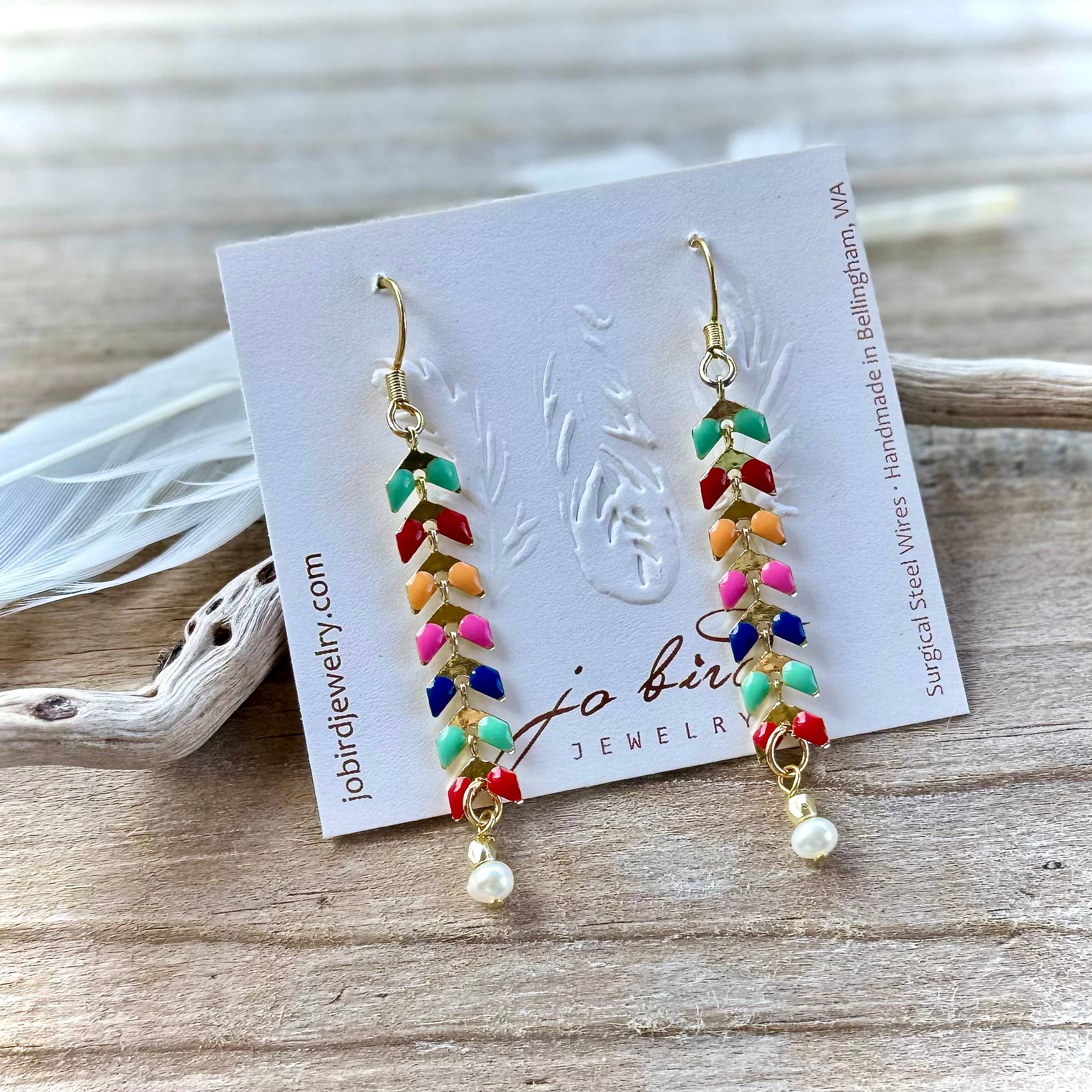 Feather Duster Earrings - Colorful Enamel: White