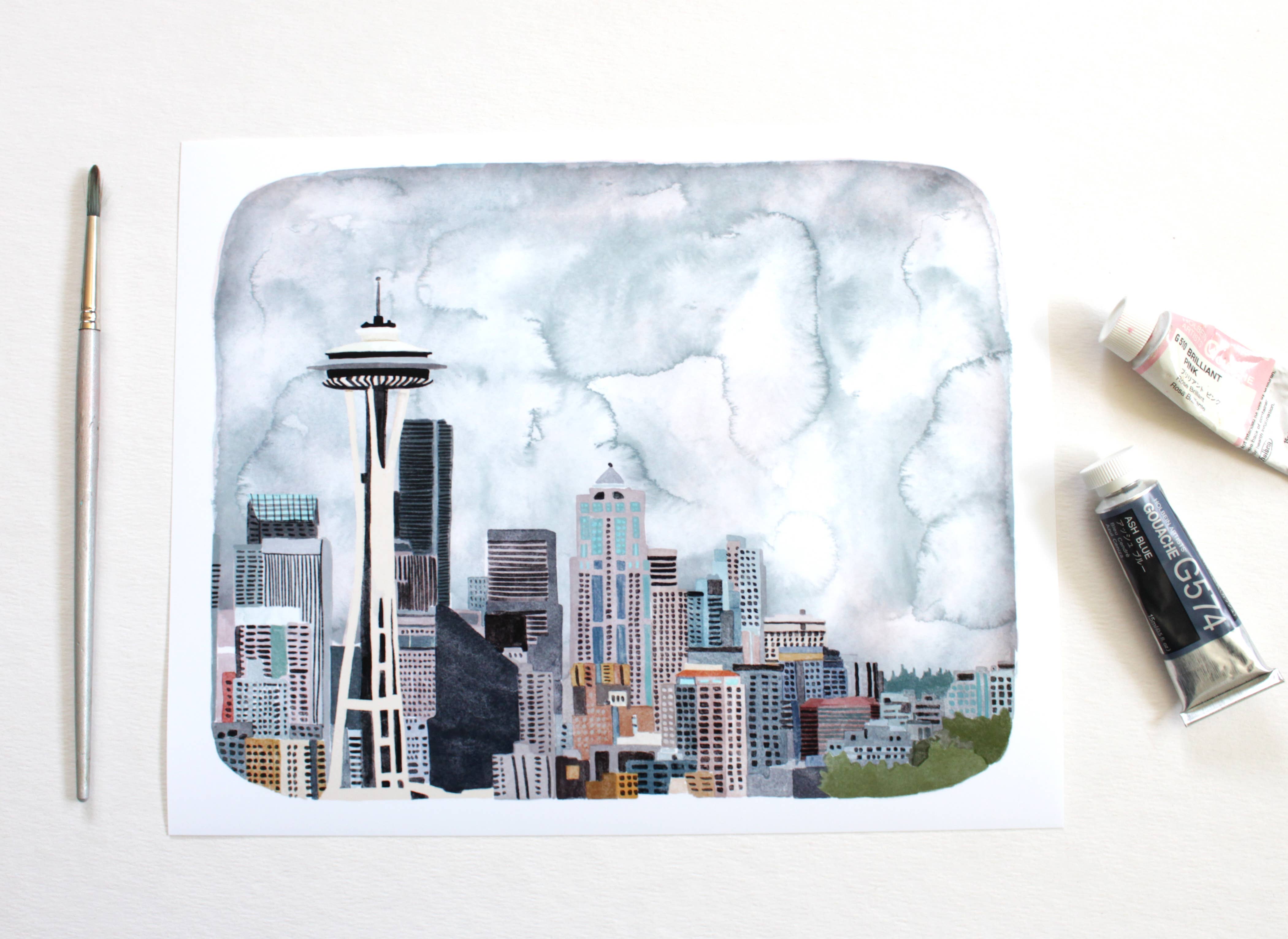 8 x 10" Seattle Washington Art Print - Seattle Landscape