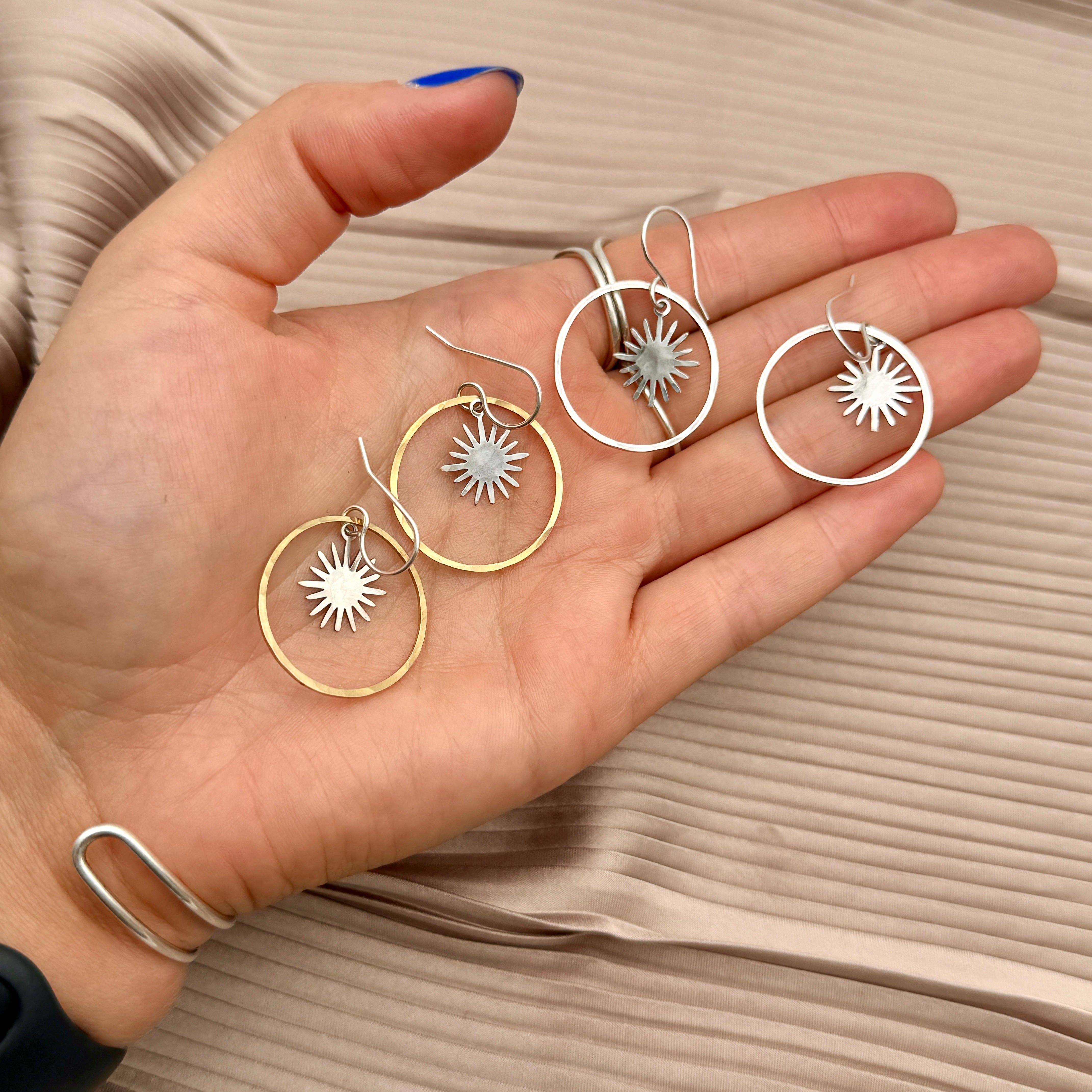 Twilight Earrings: Silver Hoop/ Gold Burst