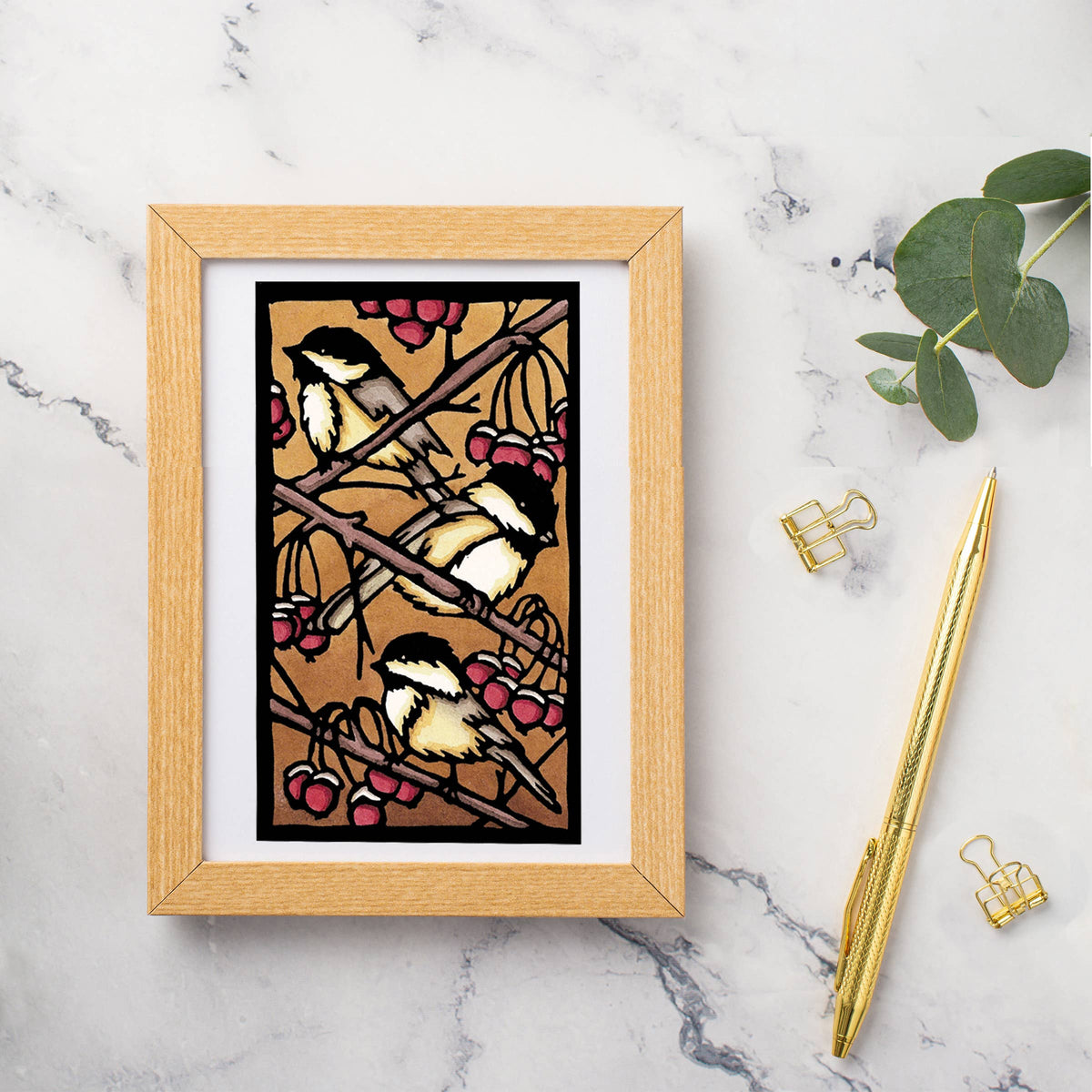 Greeting Card Three Chickadees