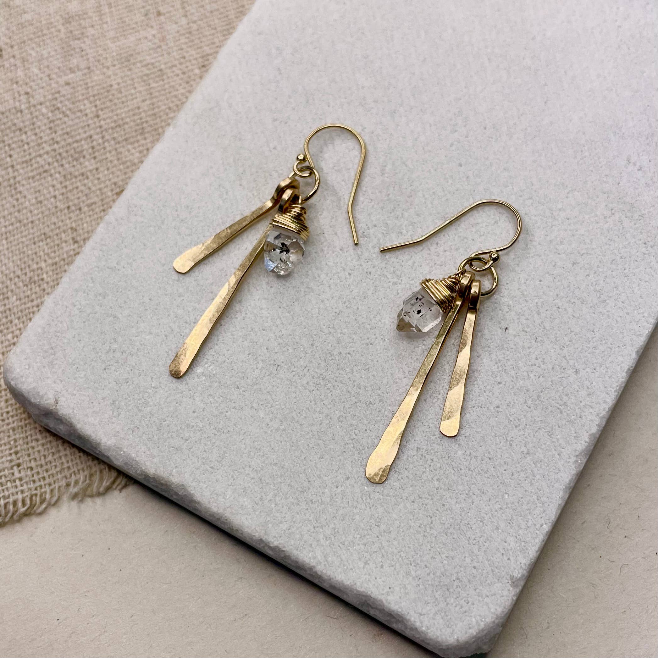 Hammered Fringe and Stone Earrings: Gold Filled / Herkimer Diamond