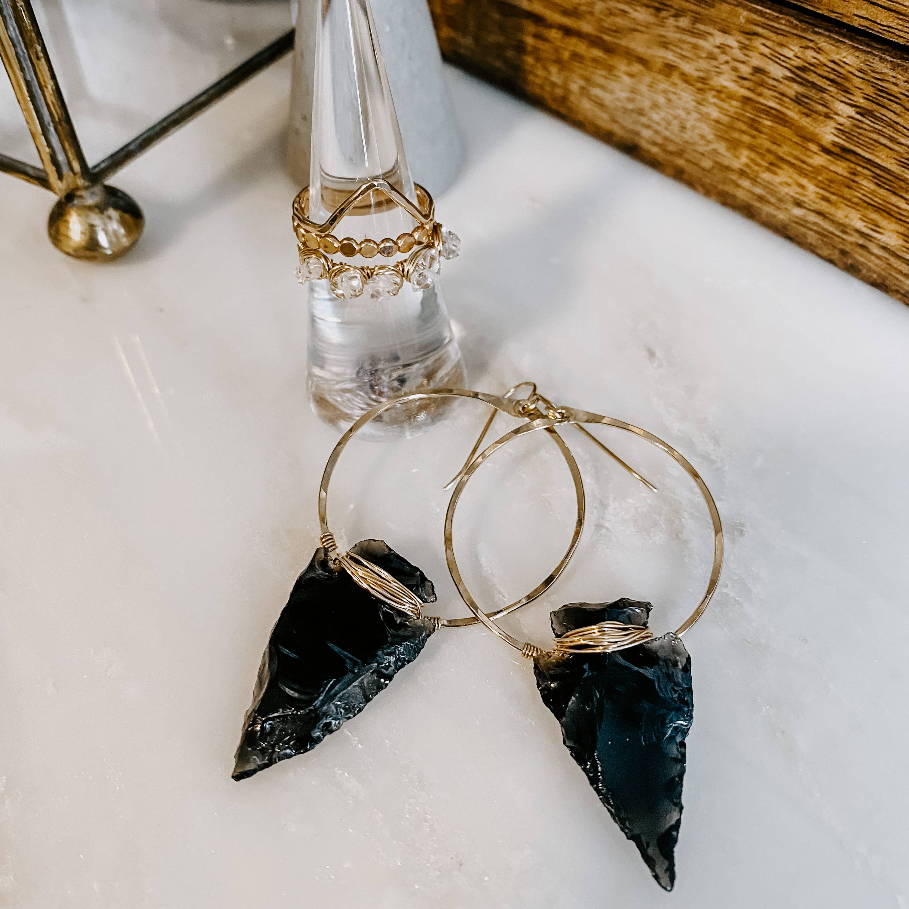 Nala Obsidian Arrowhead Hoops: 14k Gold Fill