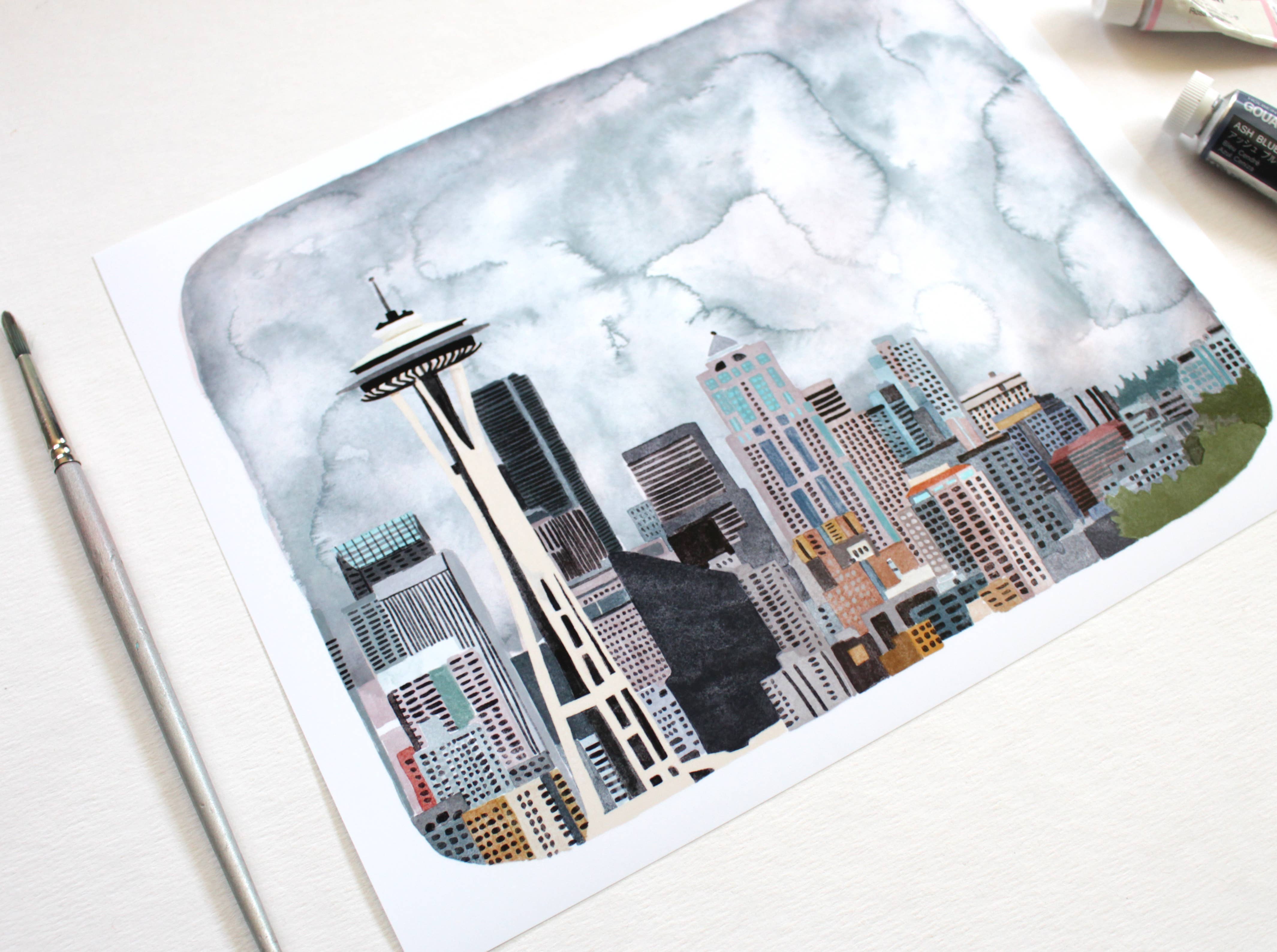 8 x 10" Seattle Washington Art Print - Seattle Landscape