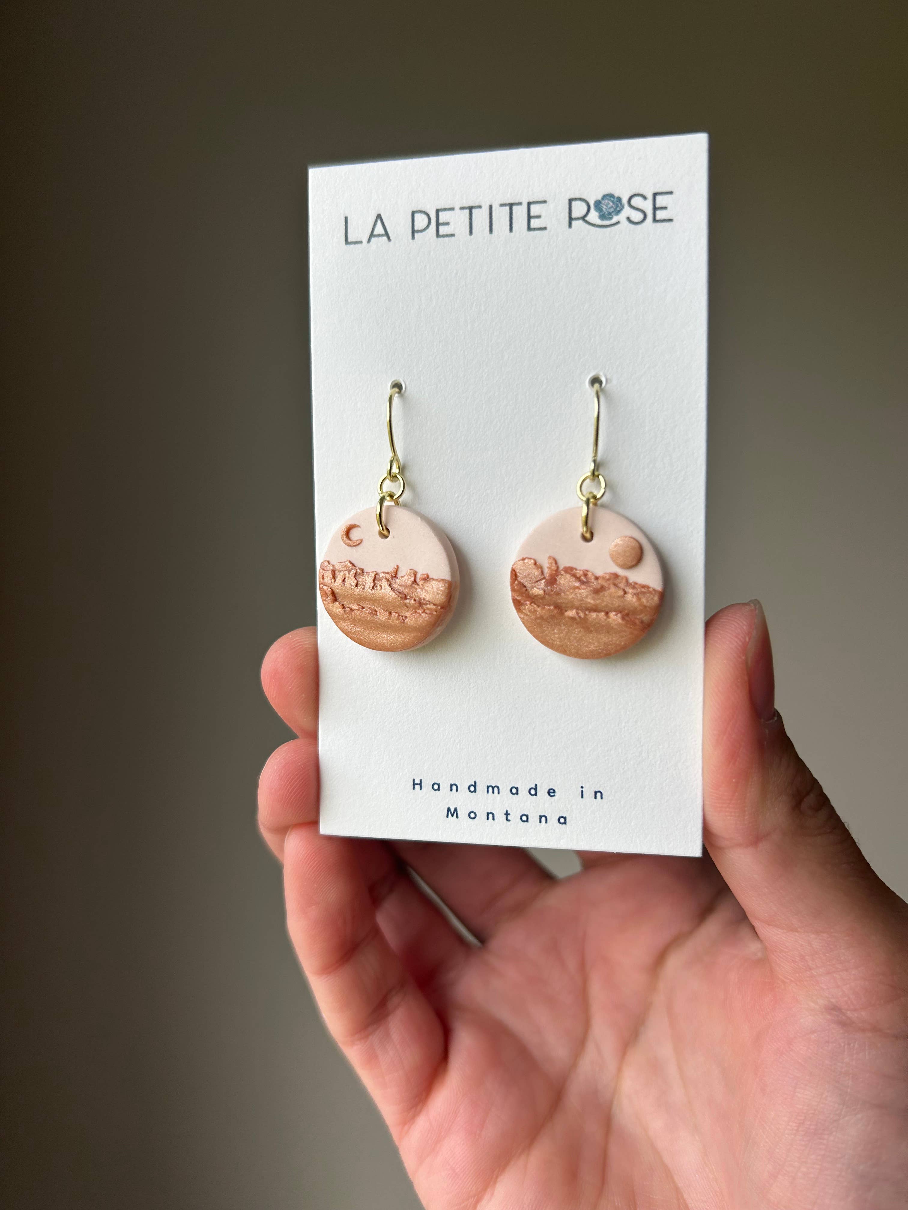 Copper Clay Landscape Earrings, Sun Moon Clay Earrings