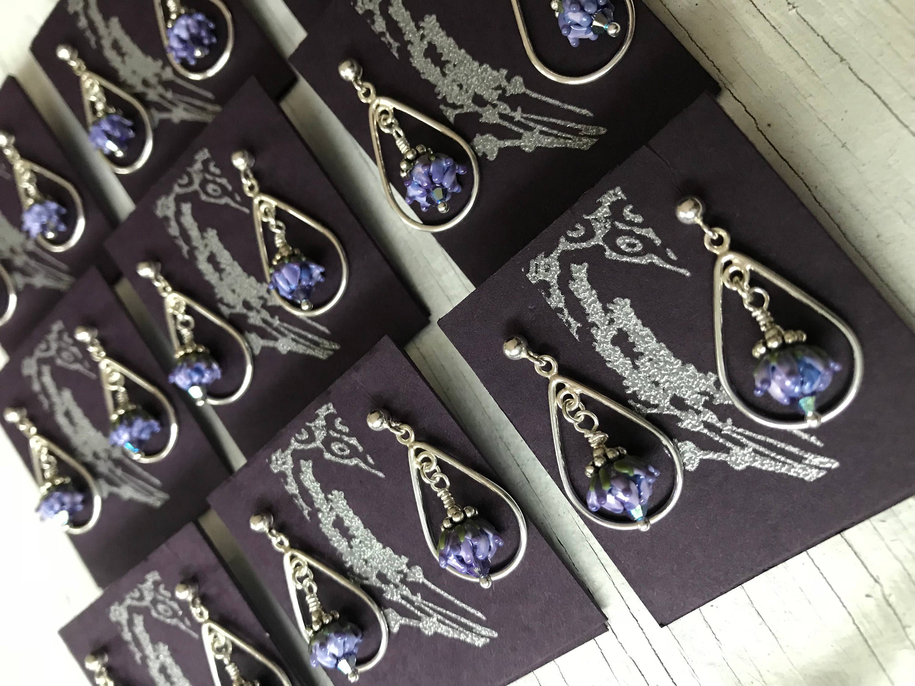 Lavender Bud Teardrops Hammered Silver Post Earrings Small