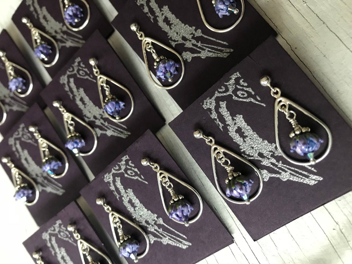 Lavender Bud Teardrops Hammered Silver Post Earrings Small
