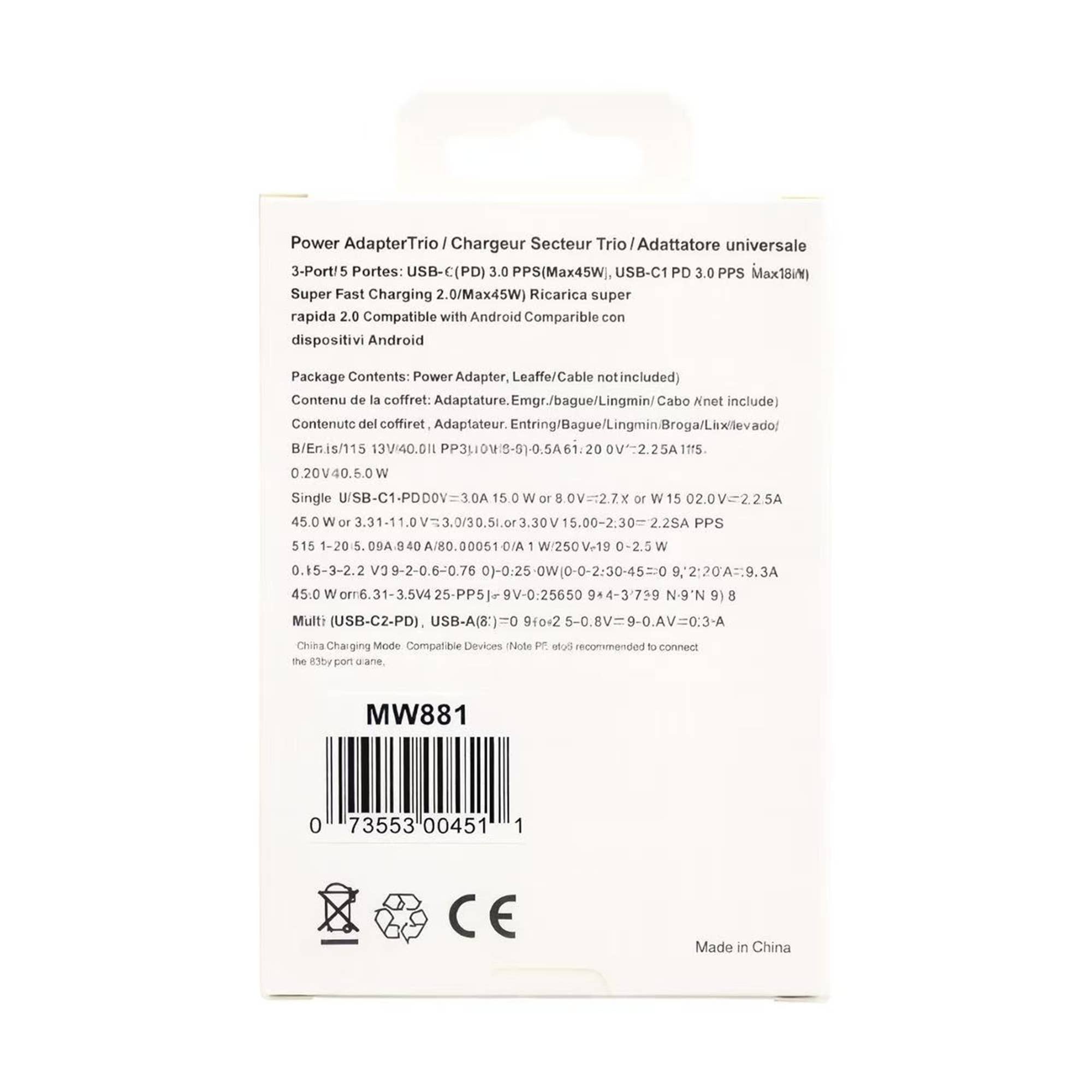 65W Fast Charging PD Trio Wall Charger MW881
