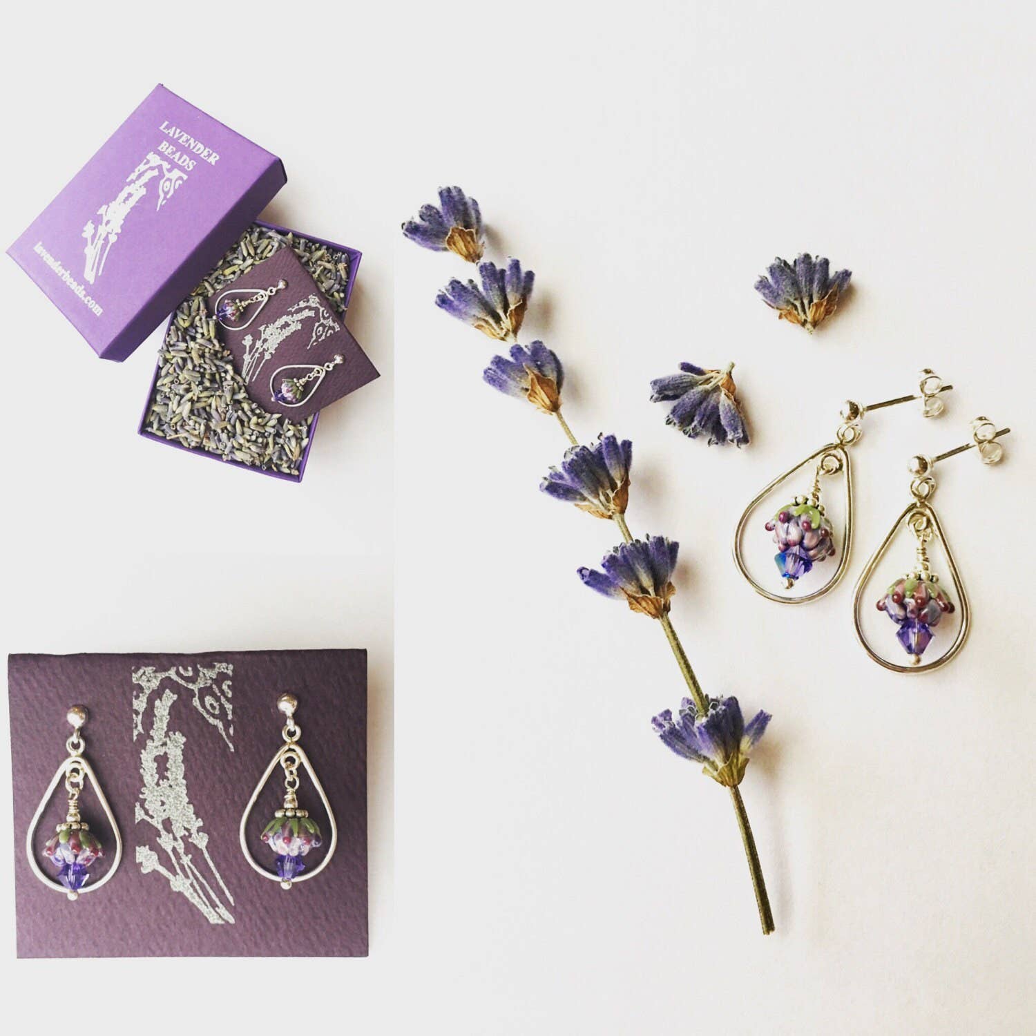 Lavender Bud Teardrops Hammered Silver Post Earrings Small