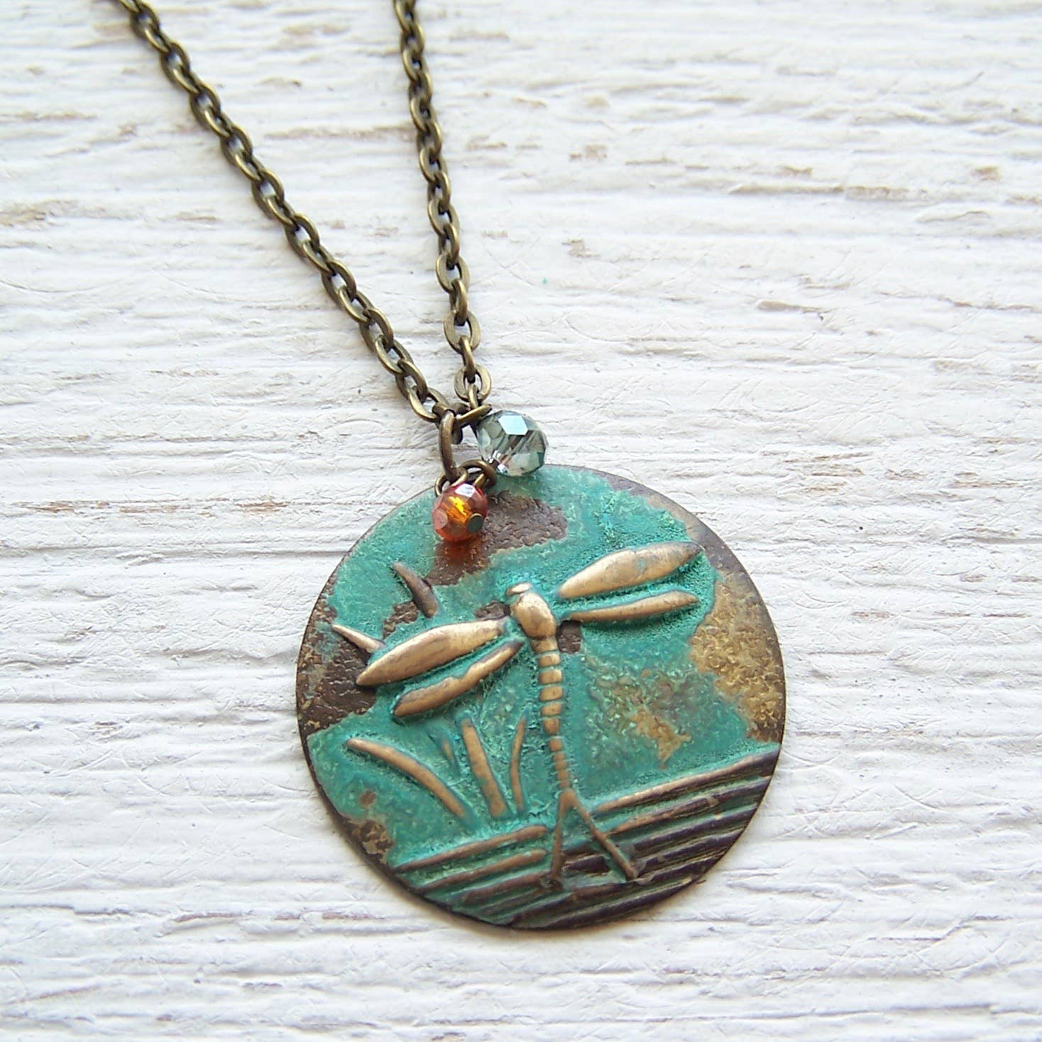 Nouveau Brass Necklace - 18" Dragonflies: 5-Dragonfly Pond