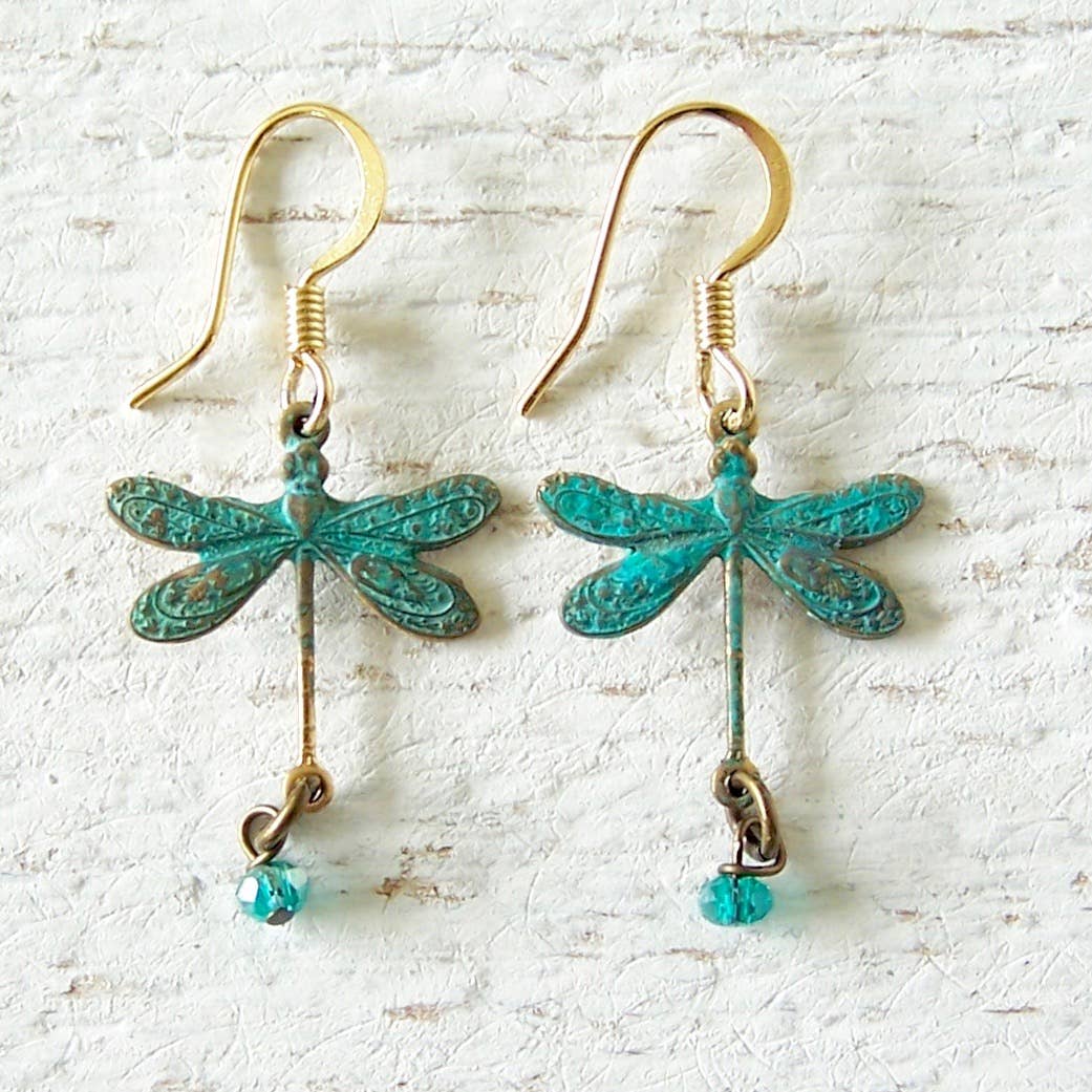 Lucky Dragonfly Brass Earrings: Small Patina