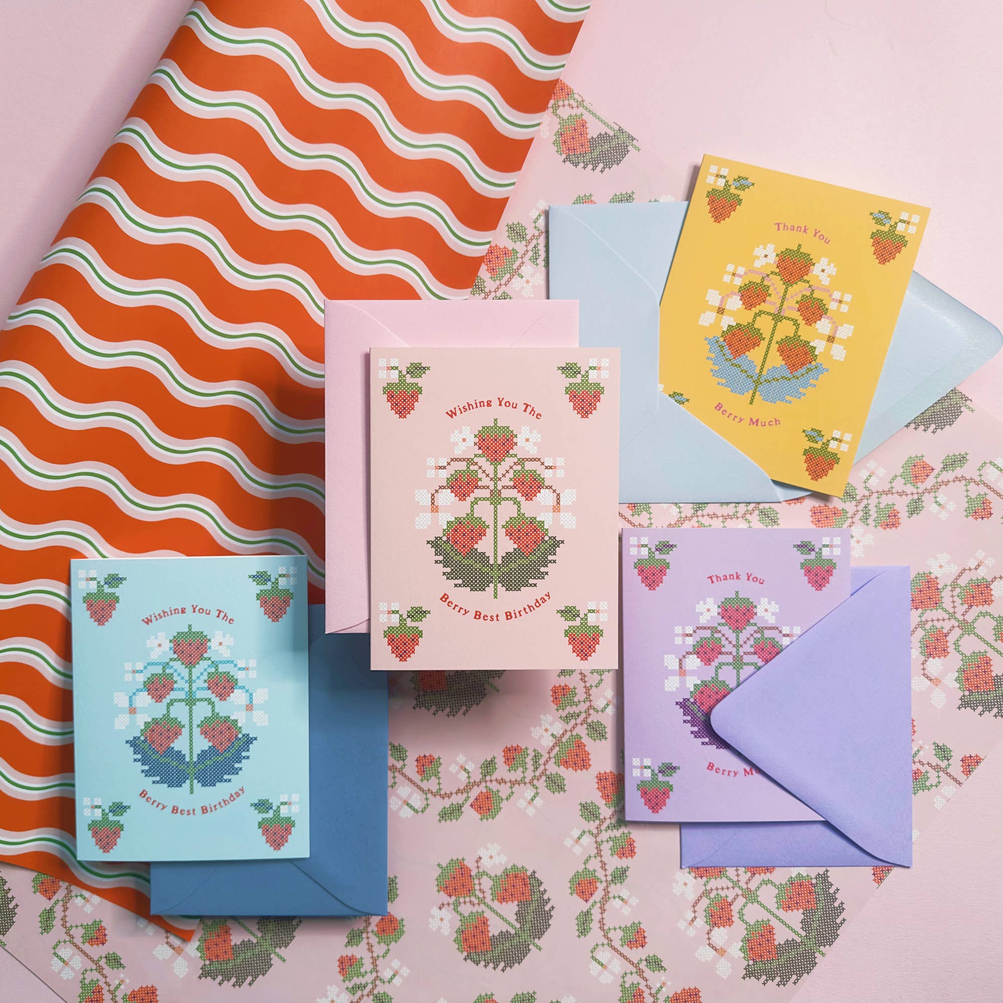 Strawberry Cross-Stitch Birthday Card: Pink
